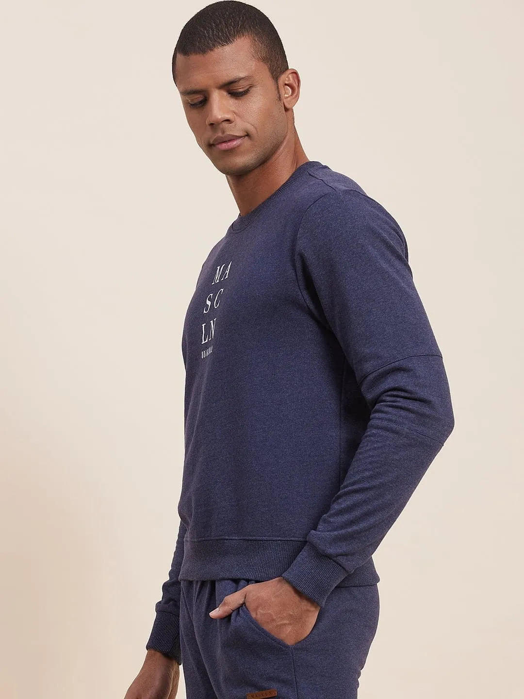 Men's Blue Melange Vertical MASCLN Print Sweatshirt - LYUSH-MASCLN