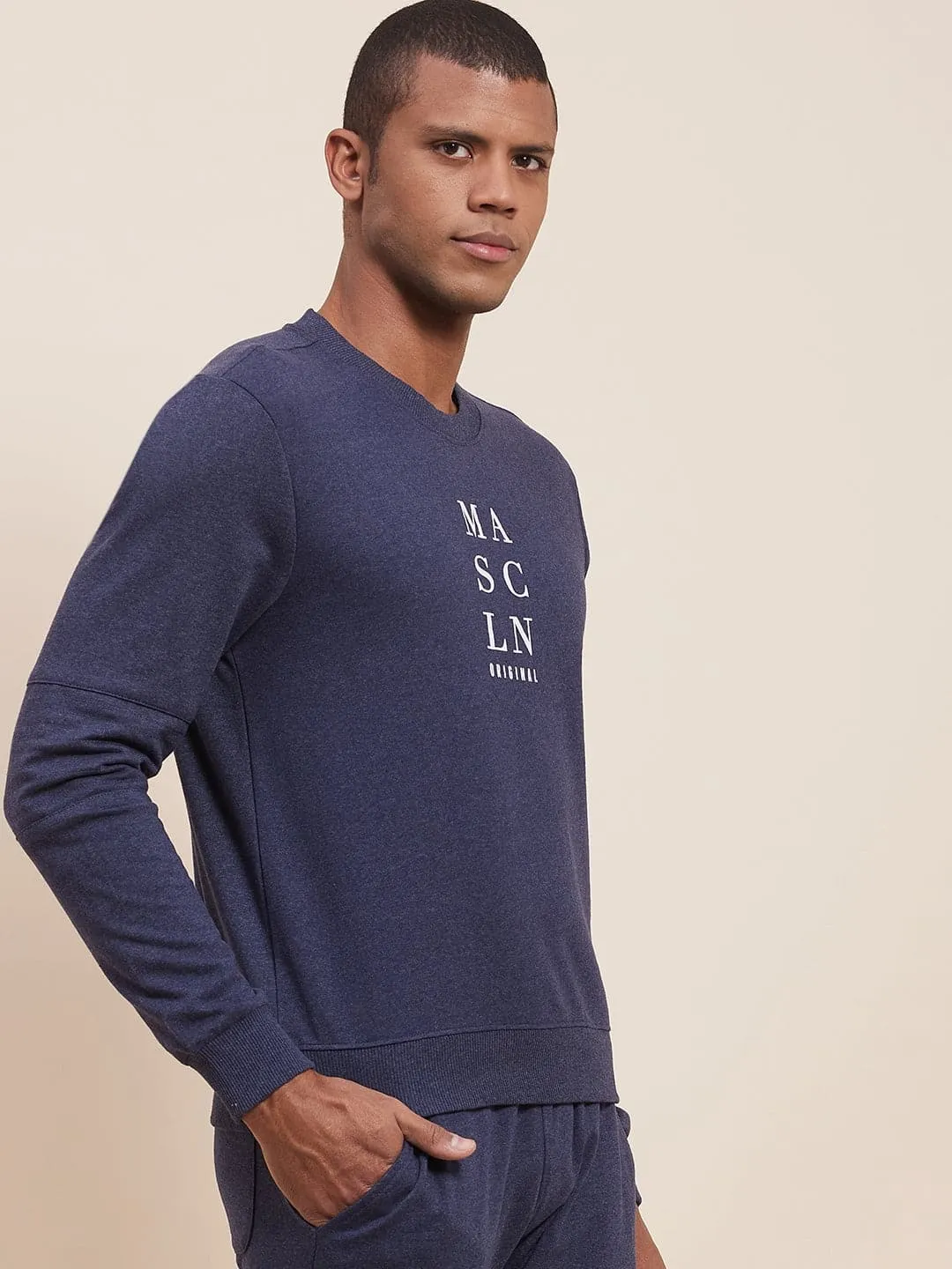 Men's Blue Melange Vertical MASCLN Print Sweatshirt - LYUSH-MASCLN