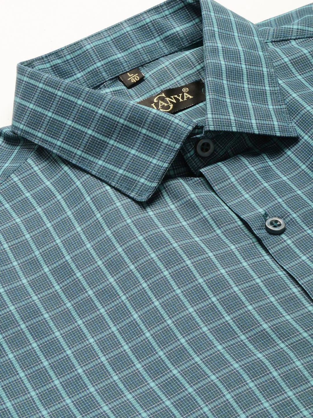 Mens Cotton Bottle Green & Sea Green Checked Formal Shirt - Sojanya