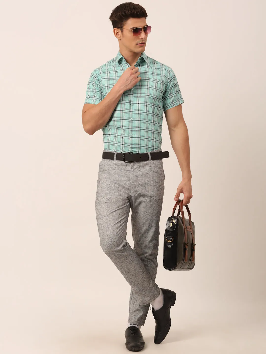 Men's Cotton Checked Half Sleeve Formal Shirts ( SF 815Green ) - Jainish