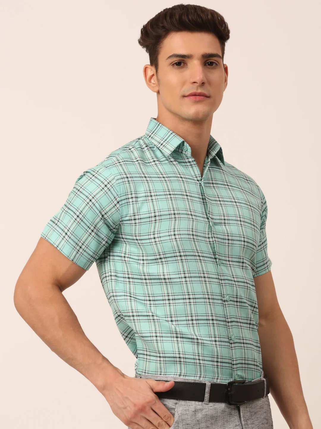 Men's Cotton Checked Half Sleeve Formal Shirts ( SF 815Green ) - Jainish