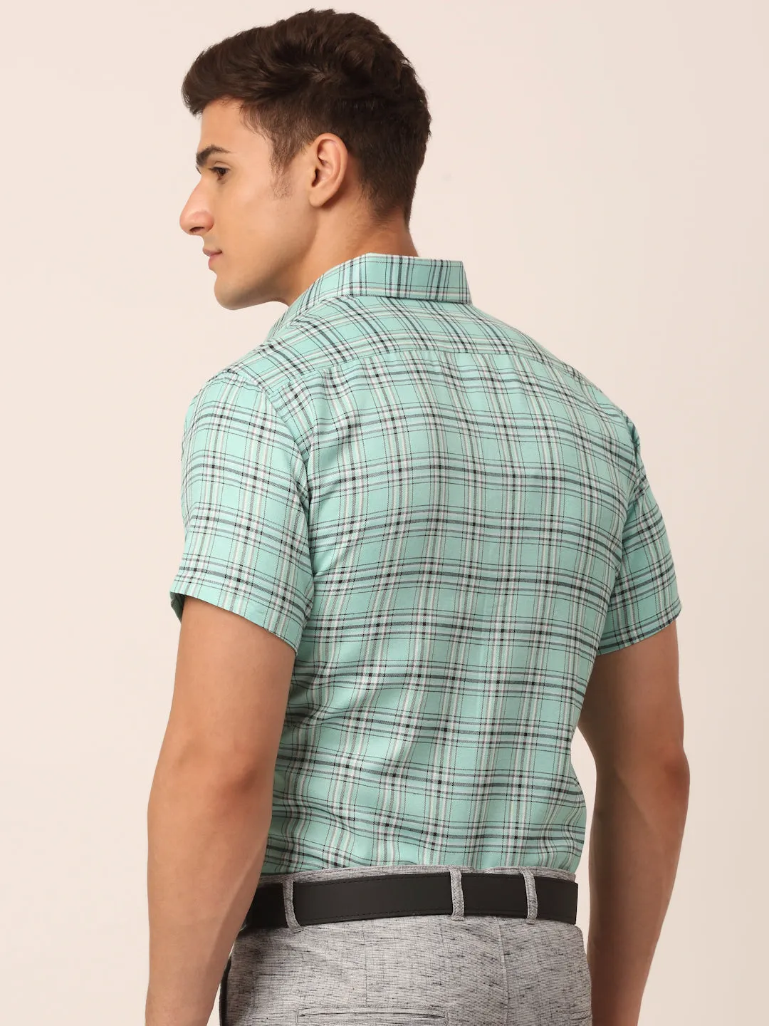 Men's Cotton Checked Half Sleeve Formal Shirts ( SF 815Green ) - Jainish