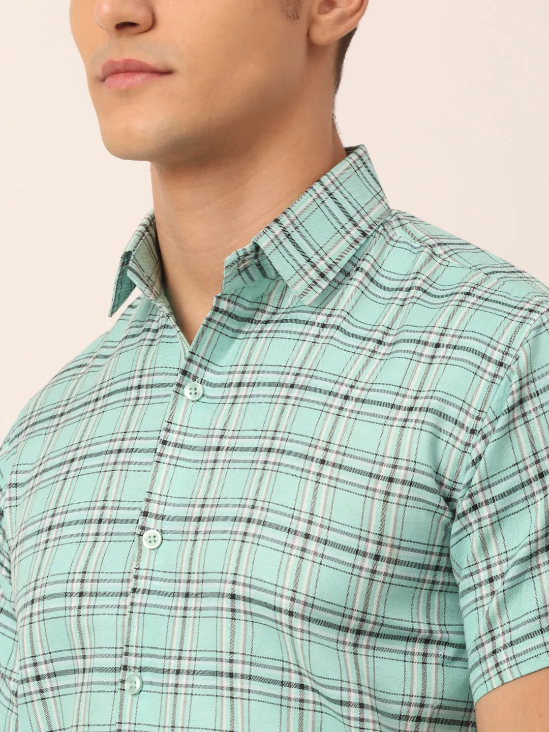 Men's Cotton Checked Half Sleeve Formal Shirts ( SF 815Green ) - Jainish