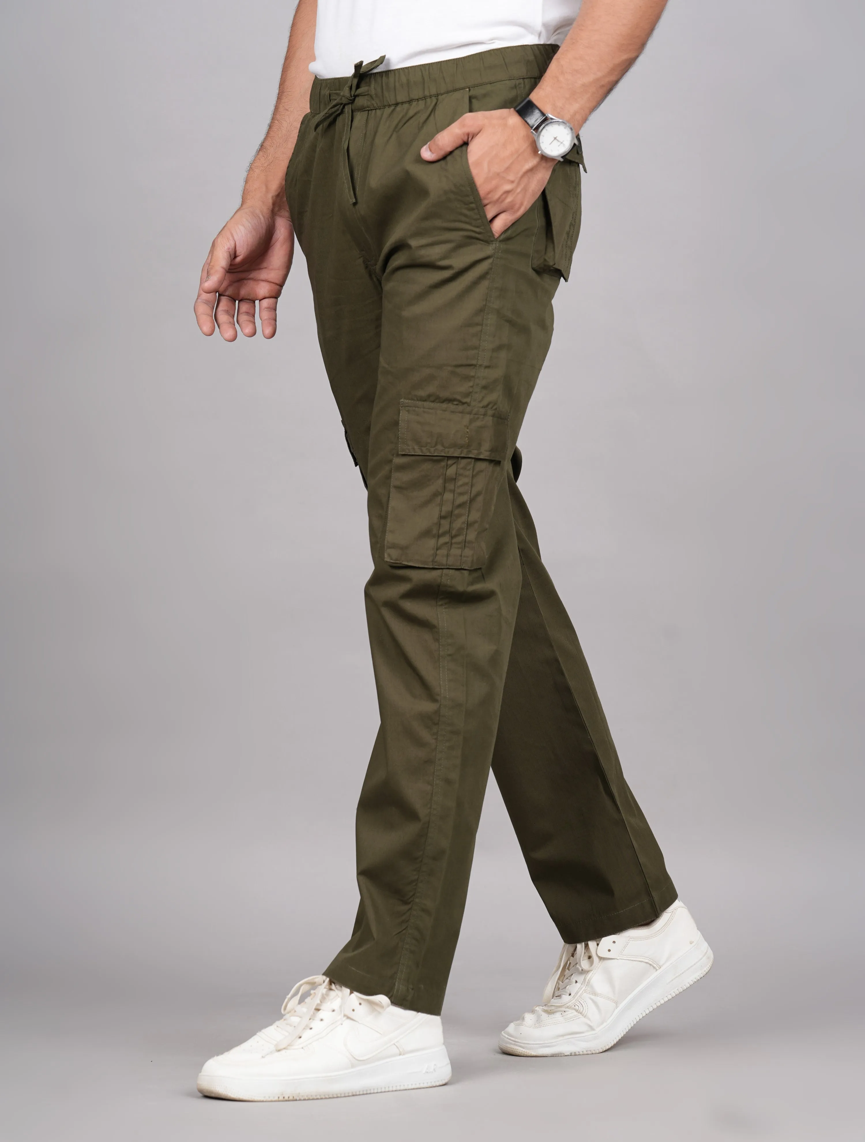 Men's Cotton Green Slim Fit Solid Cargos, Casual Trousers With Cargo Pockets (Green) - House Of Rp