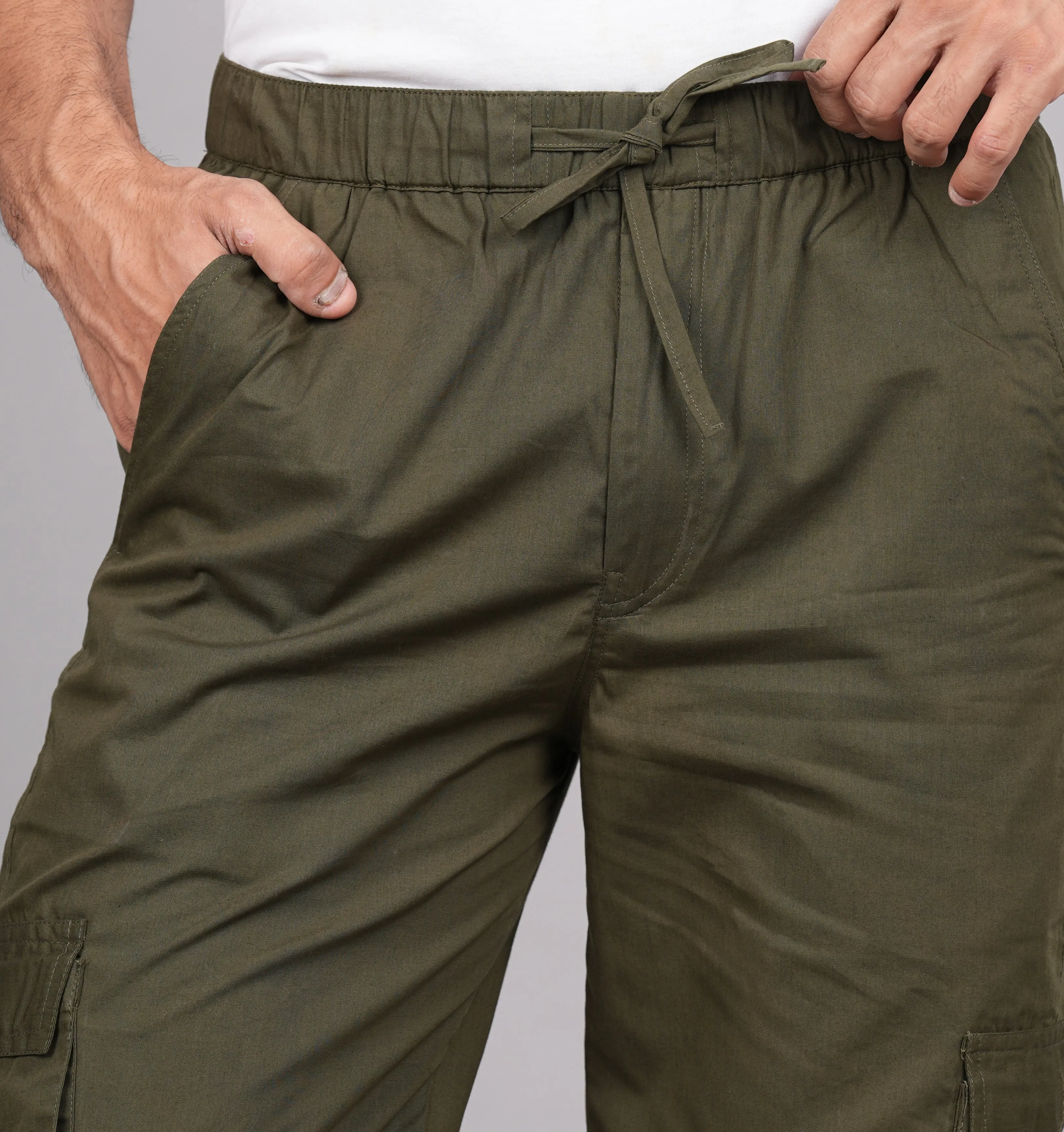 Men's Cotton Green Slim Fit Solid Cargos, Casual Trousers With Cargo Pockets (Green) - House Of Rp