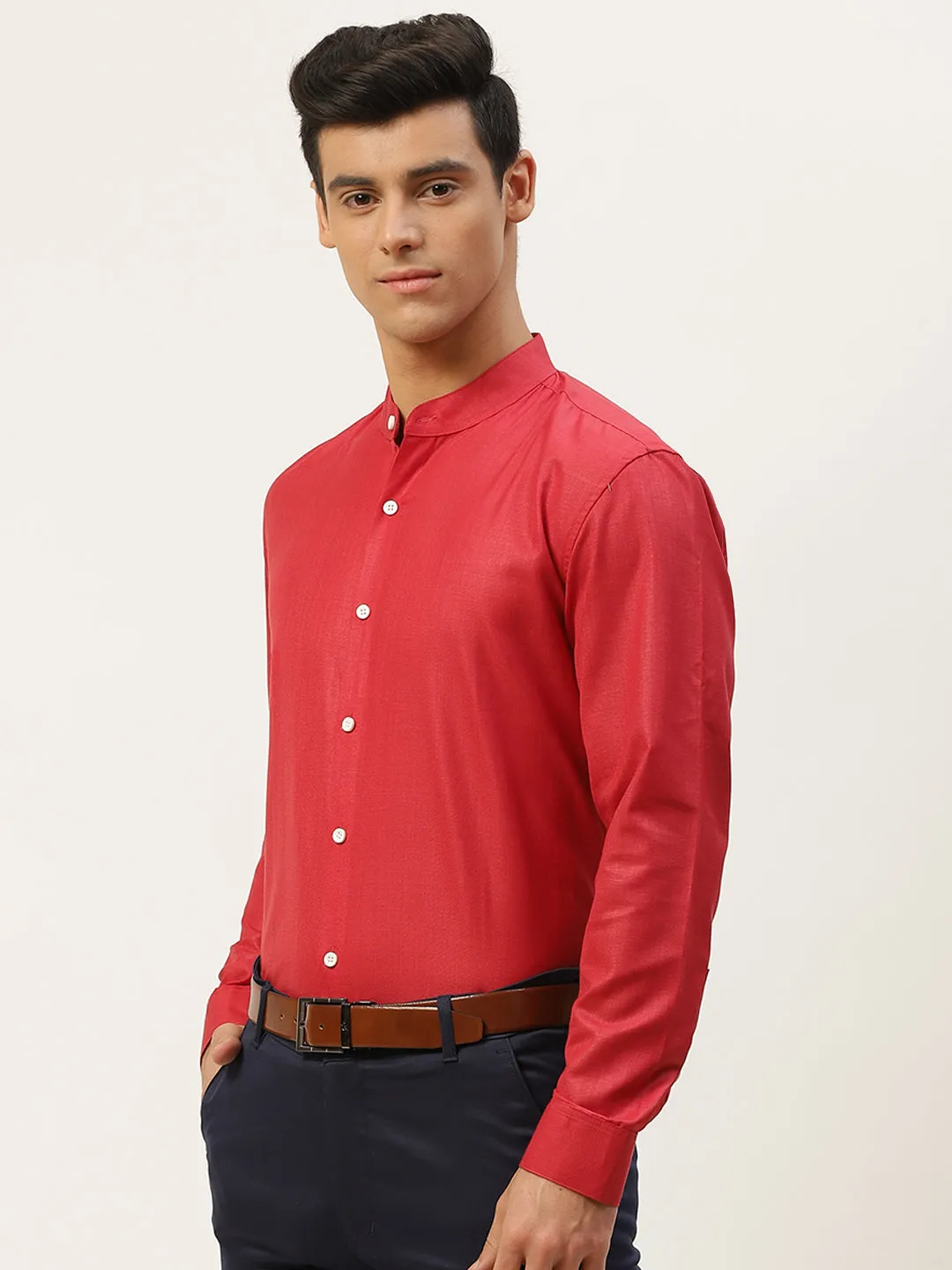 Mens Cotton Linen Red Chinese Collar Shirt - Sojanya