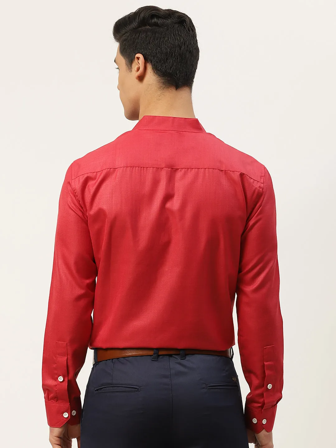Mens Cotton Linen Red Chinese Collar Shirt - Sojanya