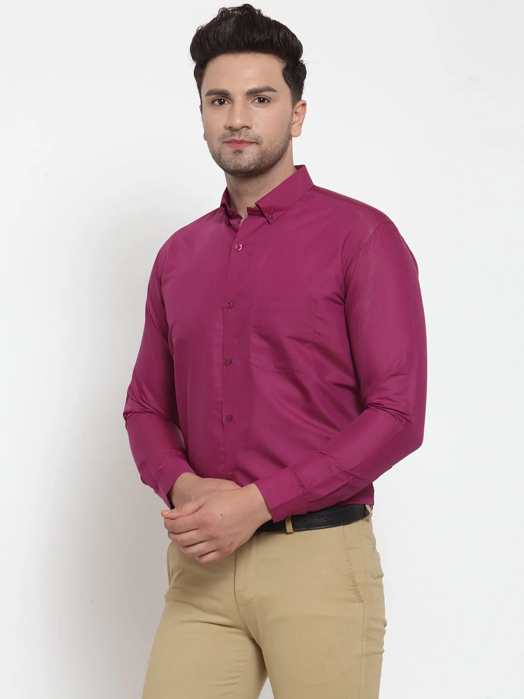 Men's Red Cotton Solid Button Down Formal Shirts ( SF 713Magenta ) - Jainish
