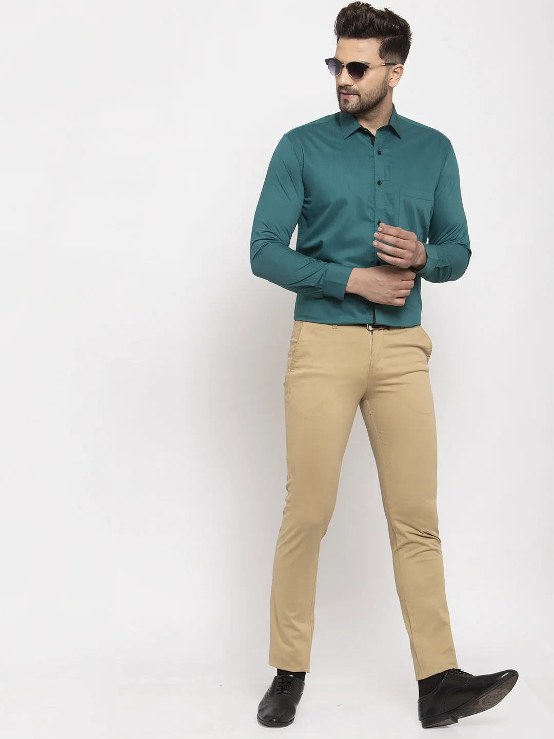 Men's Teal Blue Formal Shirt with black detailing ( SF 411Teal ) - Jainish