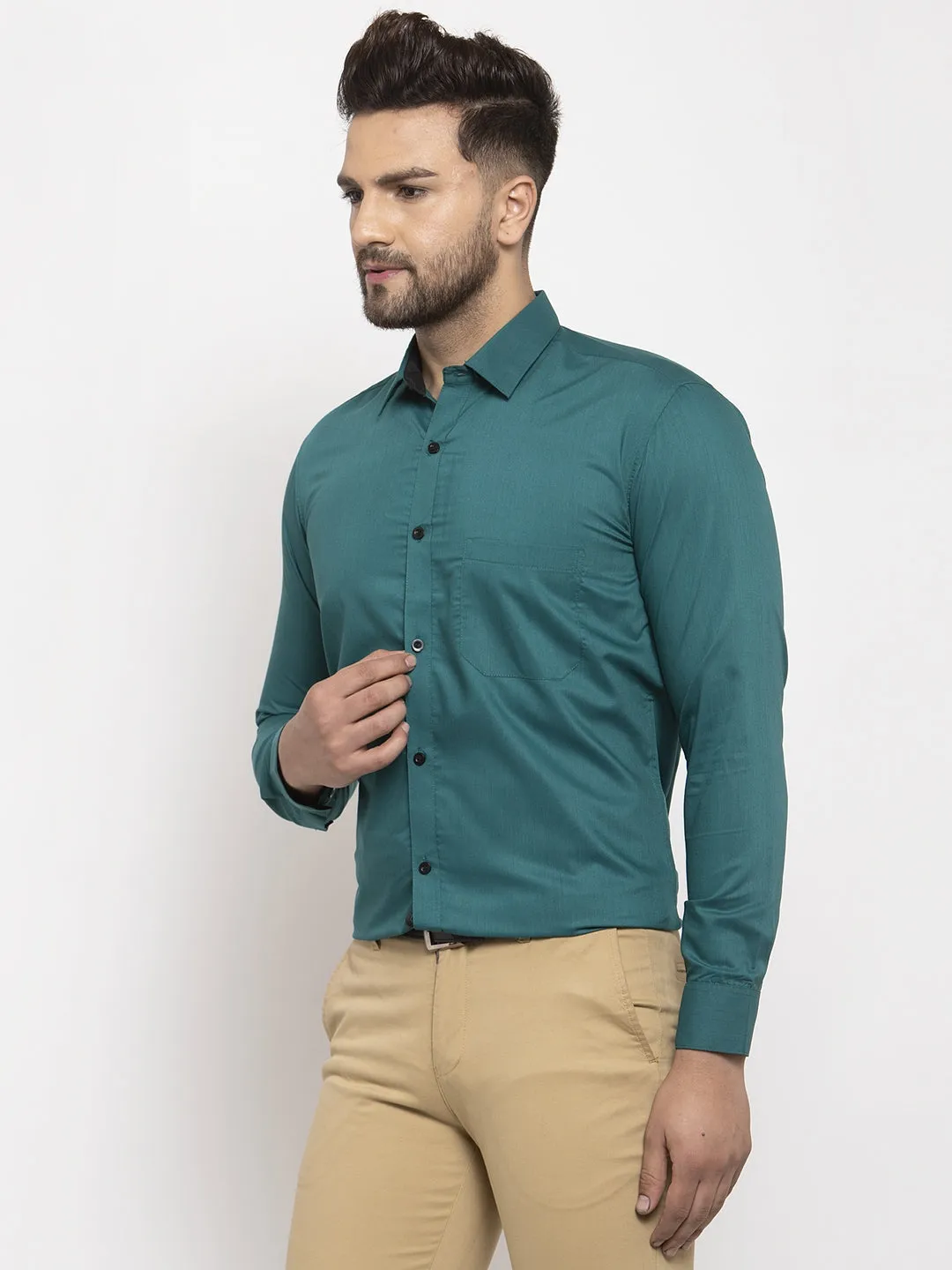 Men's Teal Blue Formal Shirt with black detailing ( SF 411Teal ) - Jainish