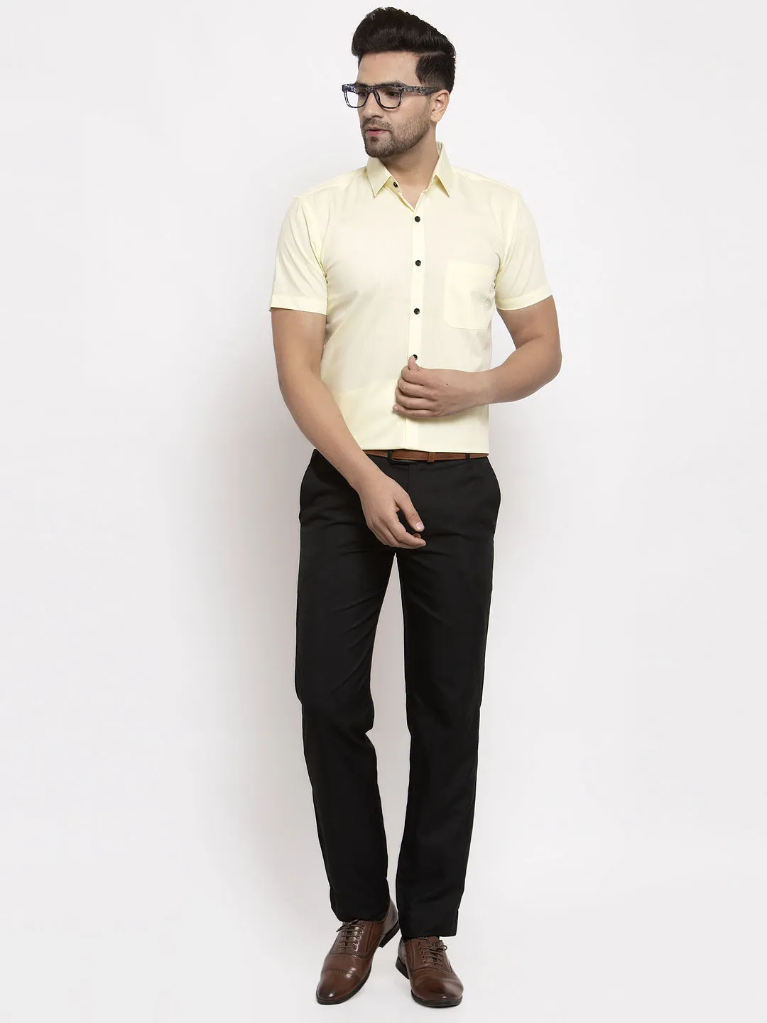 Men's Yellow Cotton Half Sleeves Solid Formal Shirts ( SF 754Lime ) - Jainish
