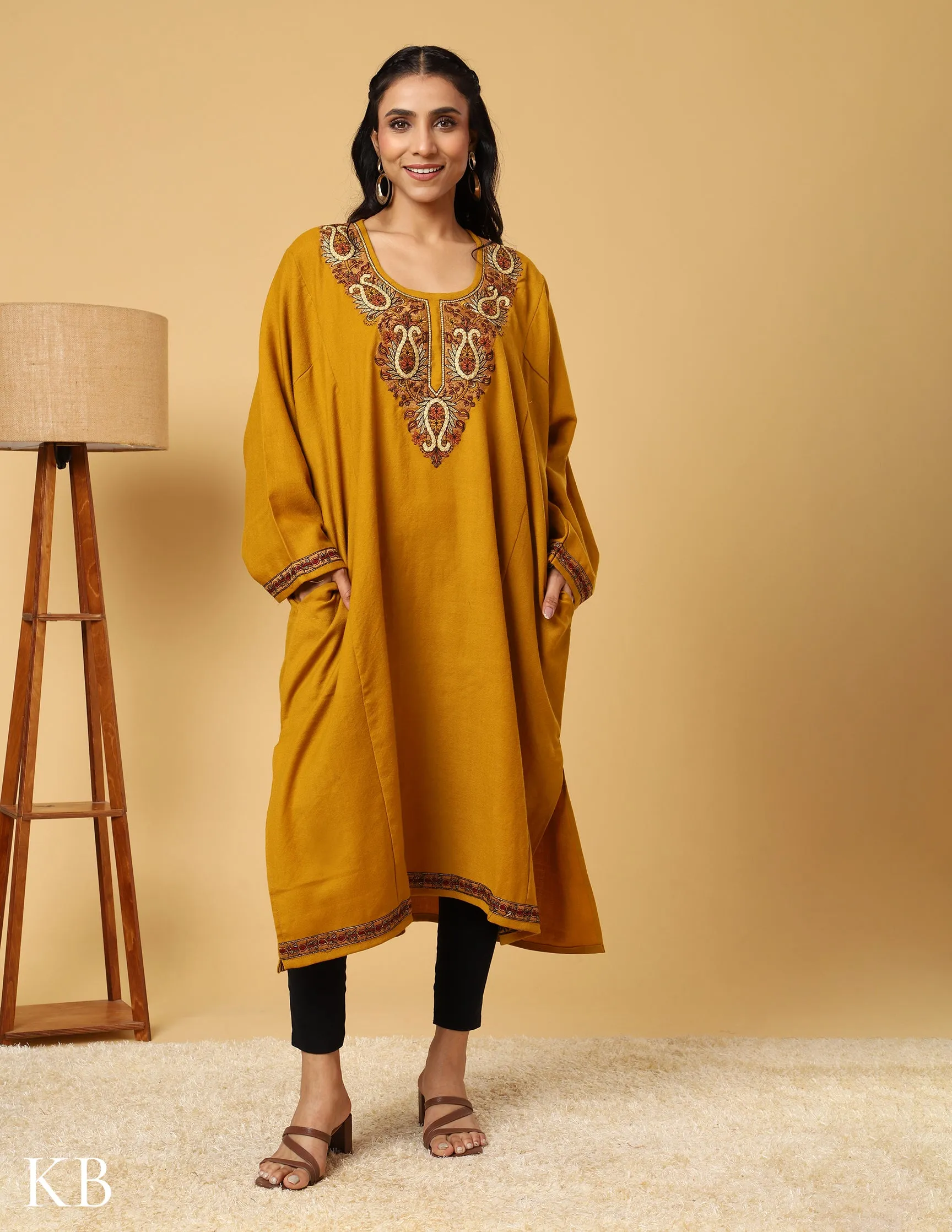Mustard Marvel sozni Zari Embroidered Pure Wool Phiran