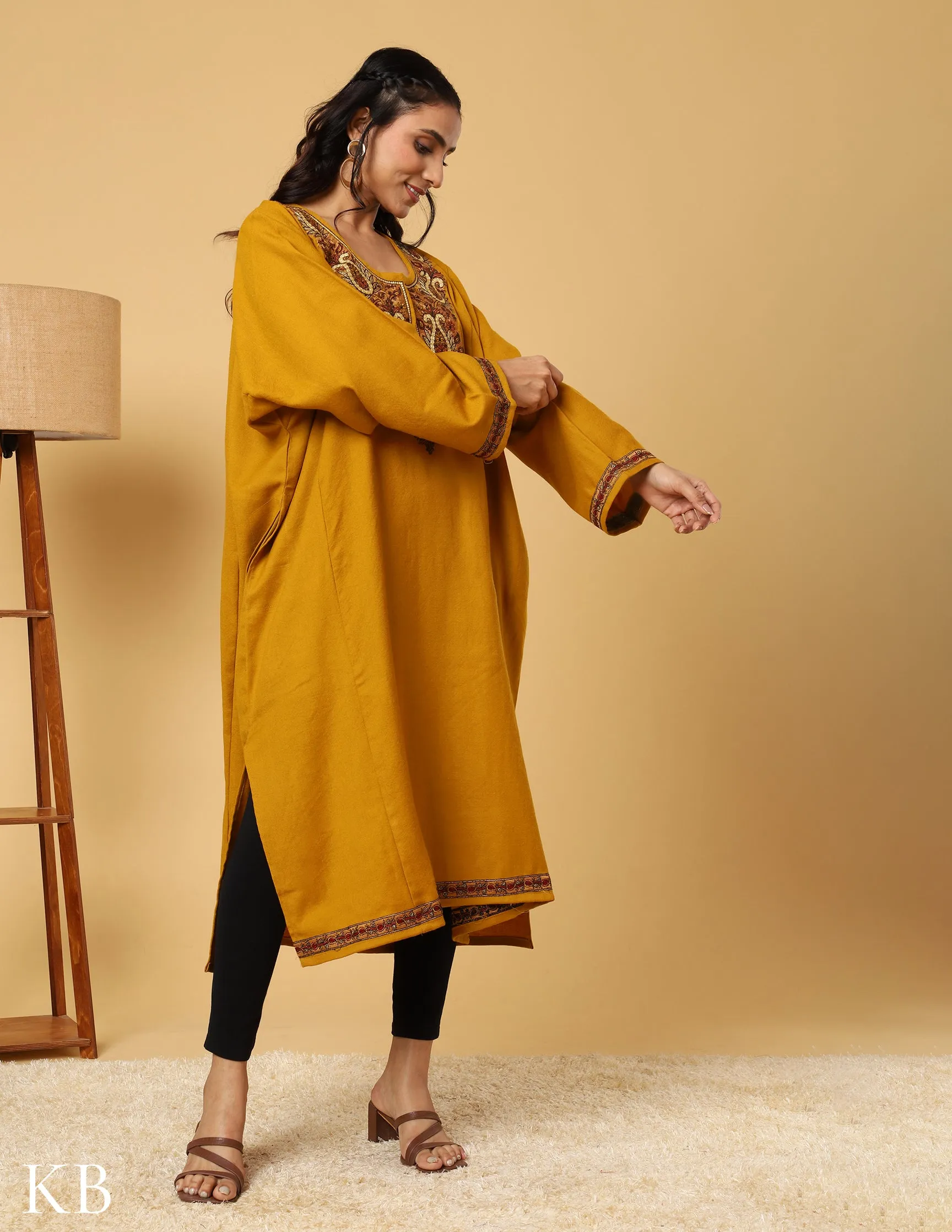 Mustard Marvel sozni Zari Embroidered Pure Wool Phiran
