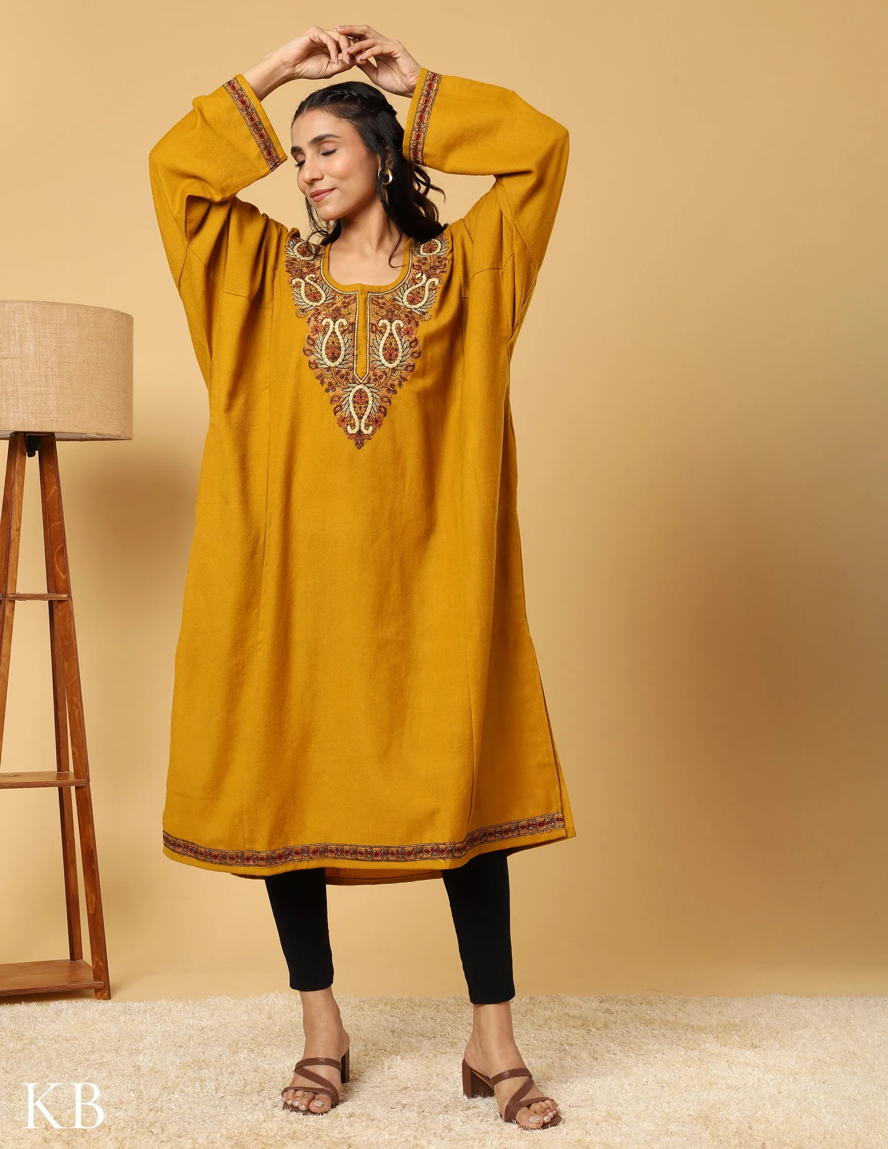 Mustard Marvel sozni Zari Embroidered Pure Wool Phiran
