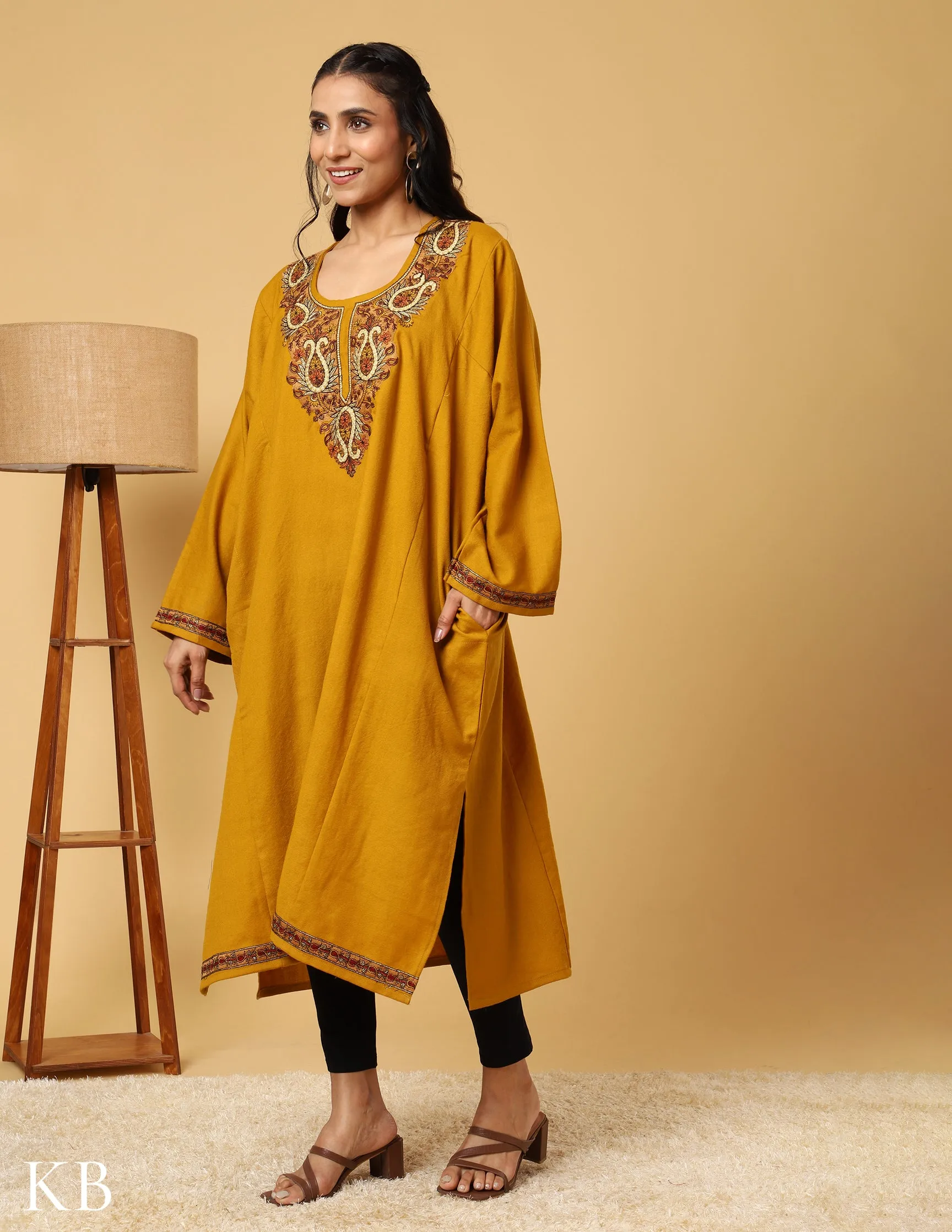 Mustard Marvel sozni Zari Embroidered Pure Wool Phiran