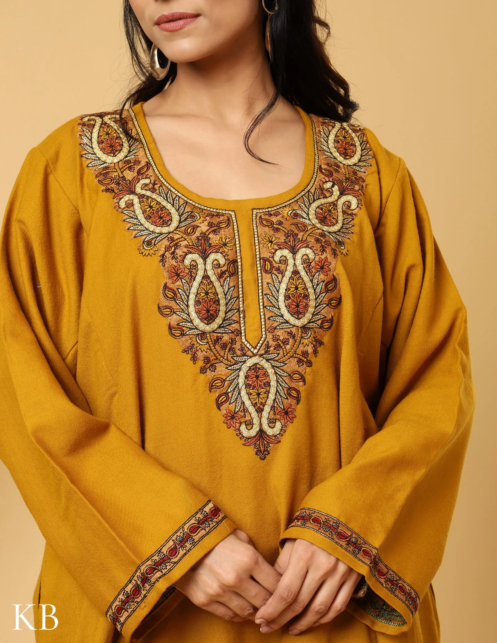 Mustard Marvel sozni Zari Embroidered Pure Wool Phiran