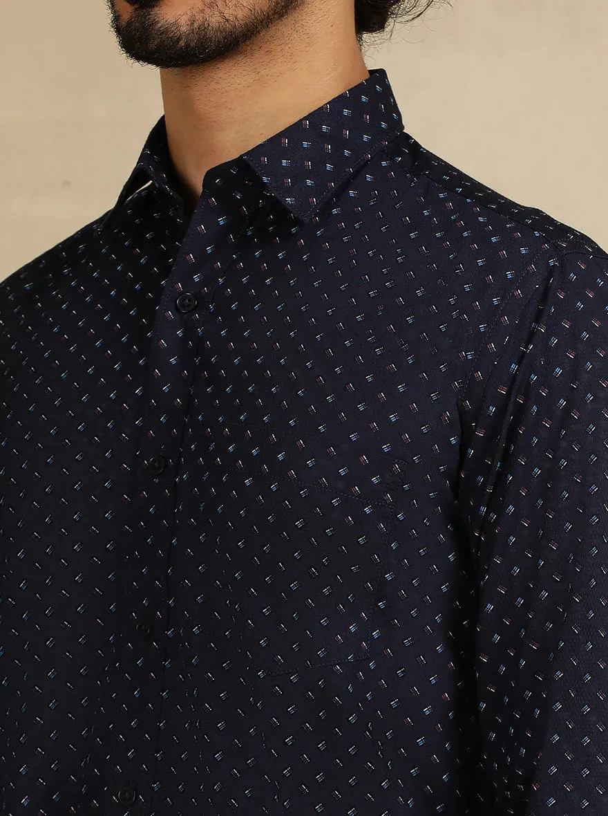 Navy Blue Printed Tailored Fit Semi Casual Shirt | JadeBlue