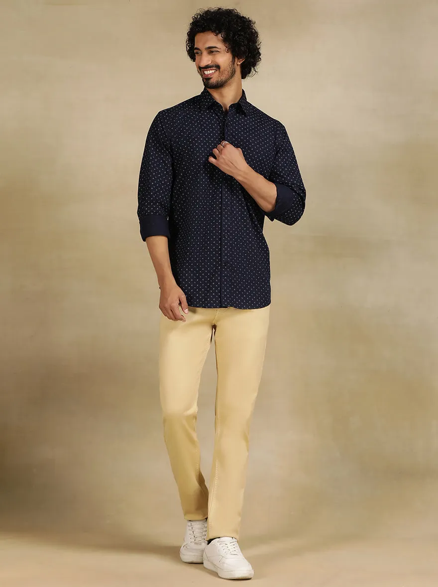 Navy Blue Printed Tailored Fit Semi Casual Shirt | JadeBlue