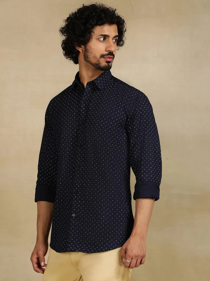 Navy Blue Printed Tailored Fit Semi Casual Shirt | JadeBlue