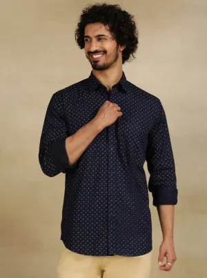 Navy Blue Printed Tailored Fit Semi Casual Shirt | JadeBlue