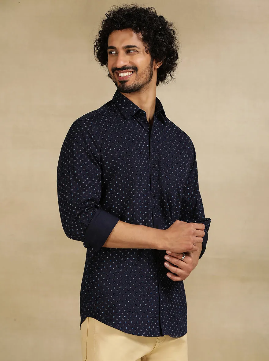 Navy Blue Printed Tailored Fit Semi Casual Shirt | JadeBlue