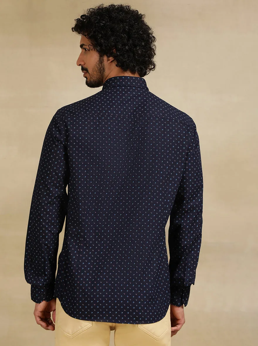 Navy Blue Printed Tailored Fit Semi Casual Shirt | JadeBlue