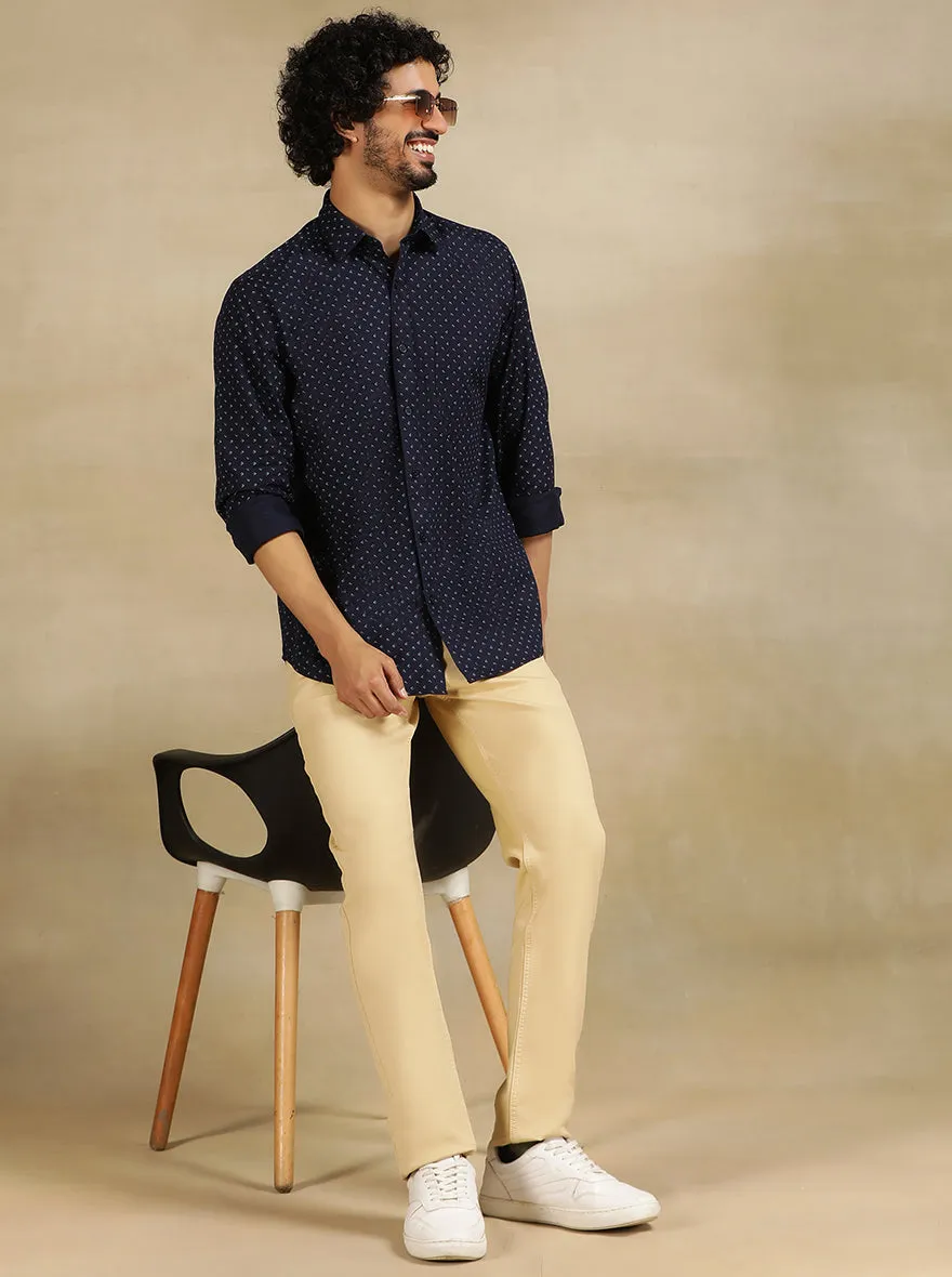 Navy Blue Printed Tailored Fit Semi Casual Shirt | JadeBlue