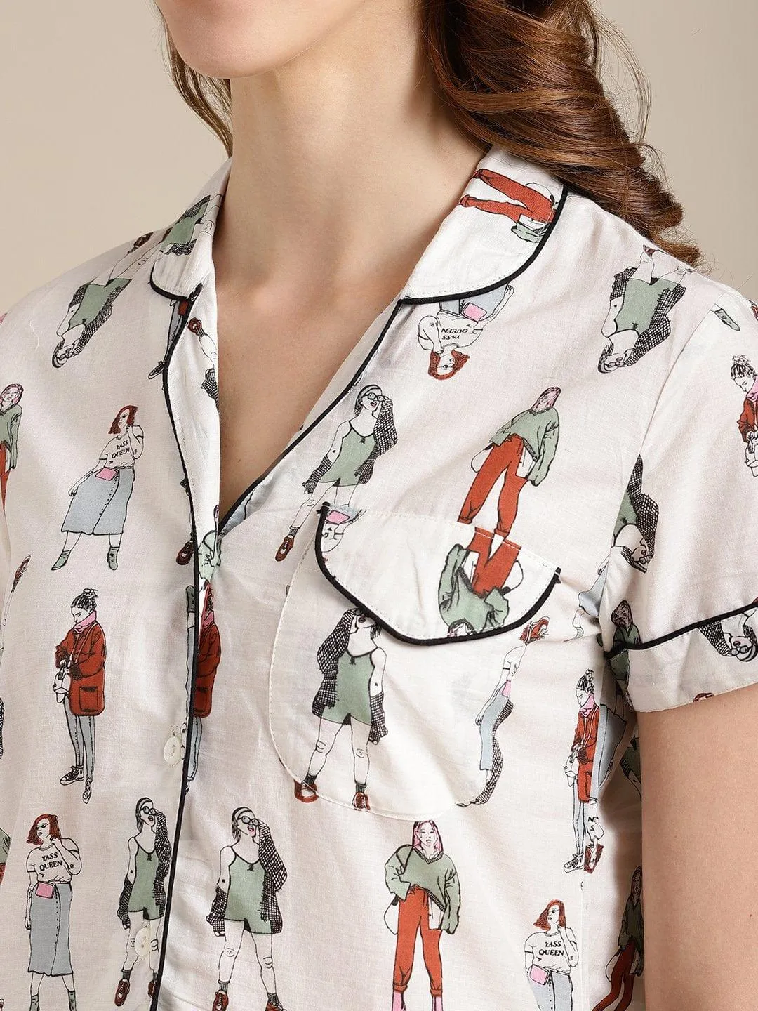 Off White Quirky  Printed Launge Wear Set