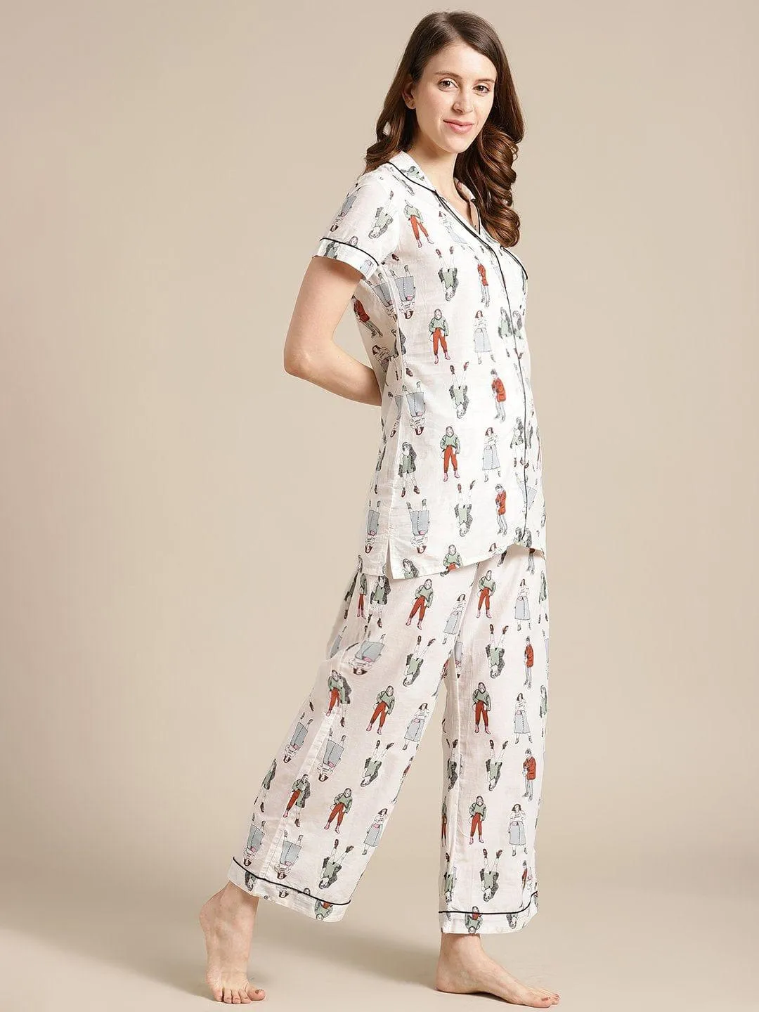 Off White Quirky  Printed Launge Wear Set