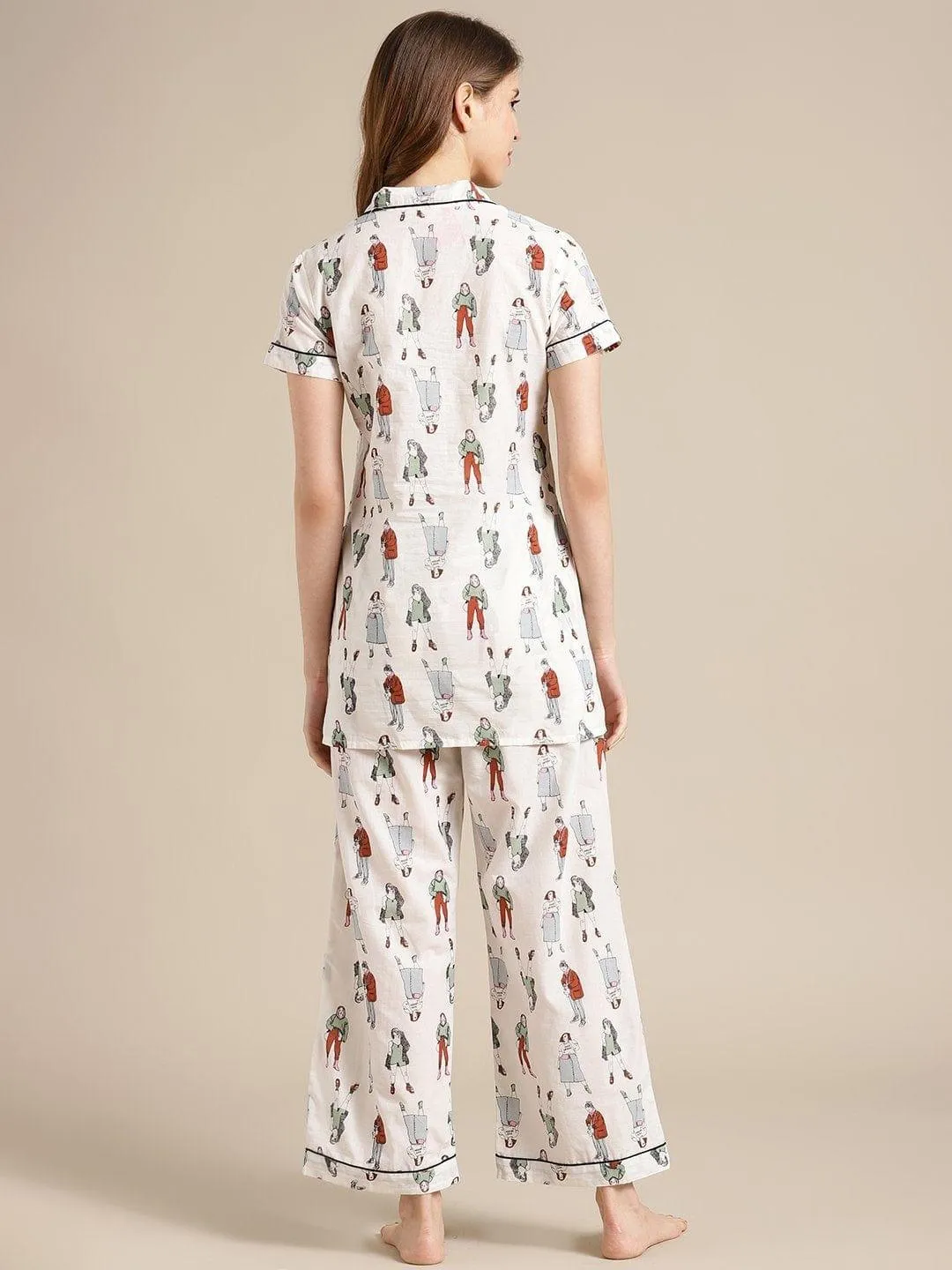Off White Quirky  Printed Launge Wear Set