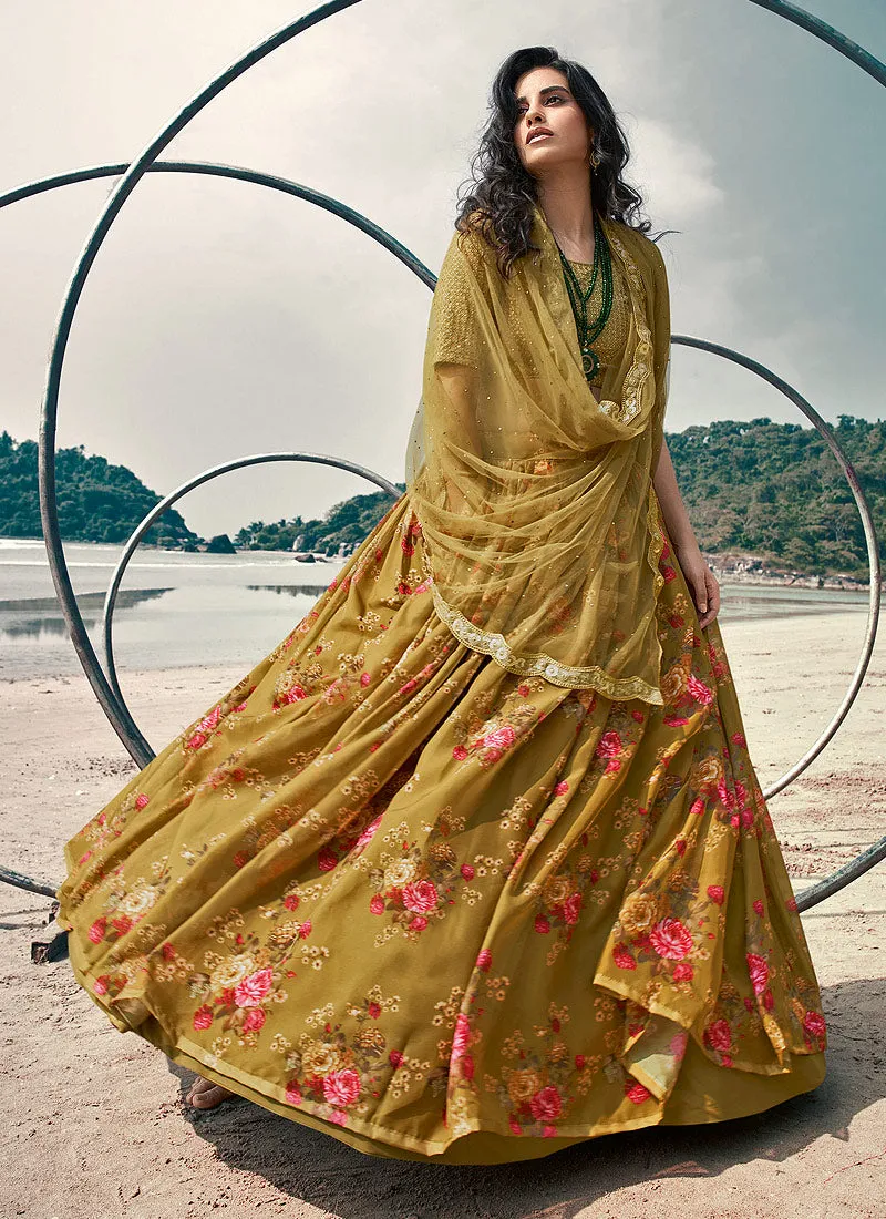 Olive Green Floral Prints And Sequence Embroidered Lehenga Choli