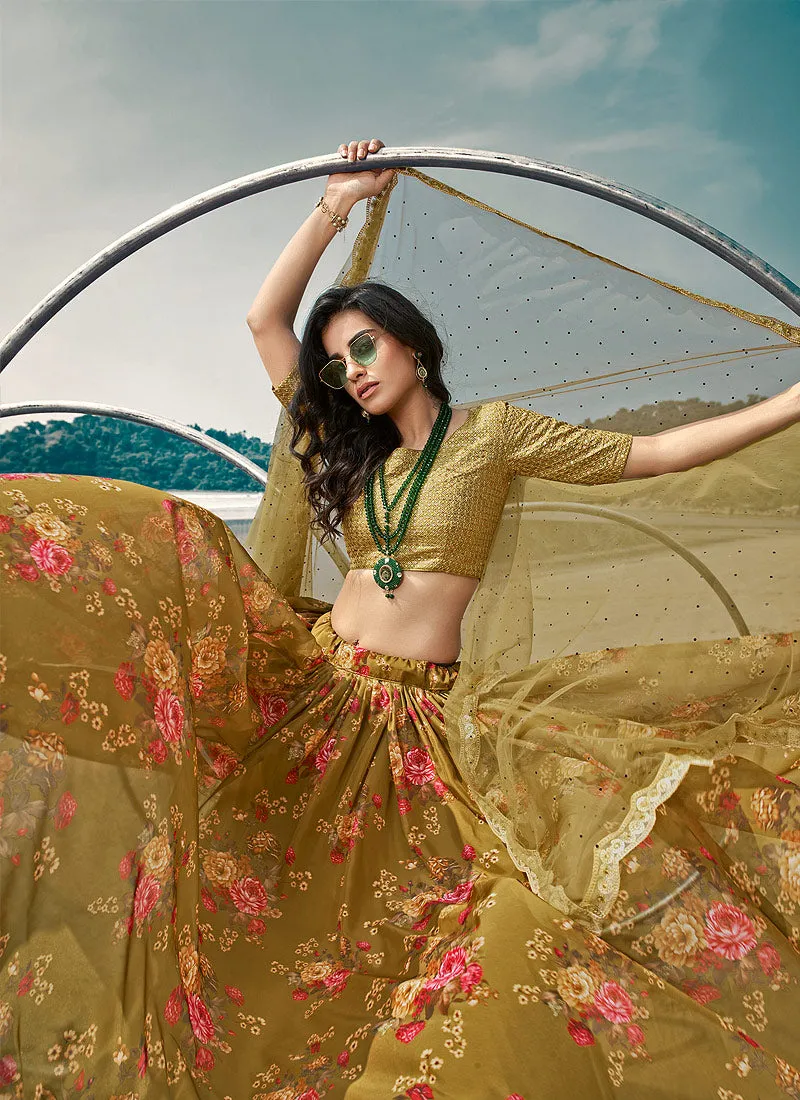Olive Green Floral Prints And Sequence Embroidered Lehenga Choli