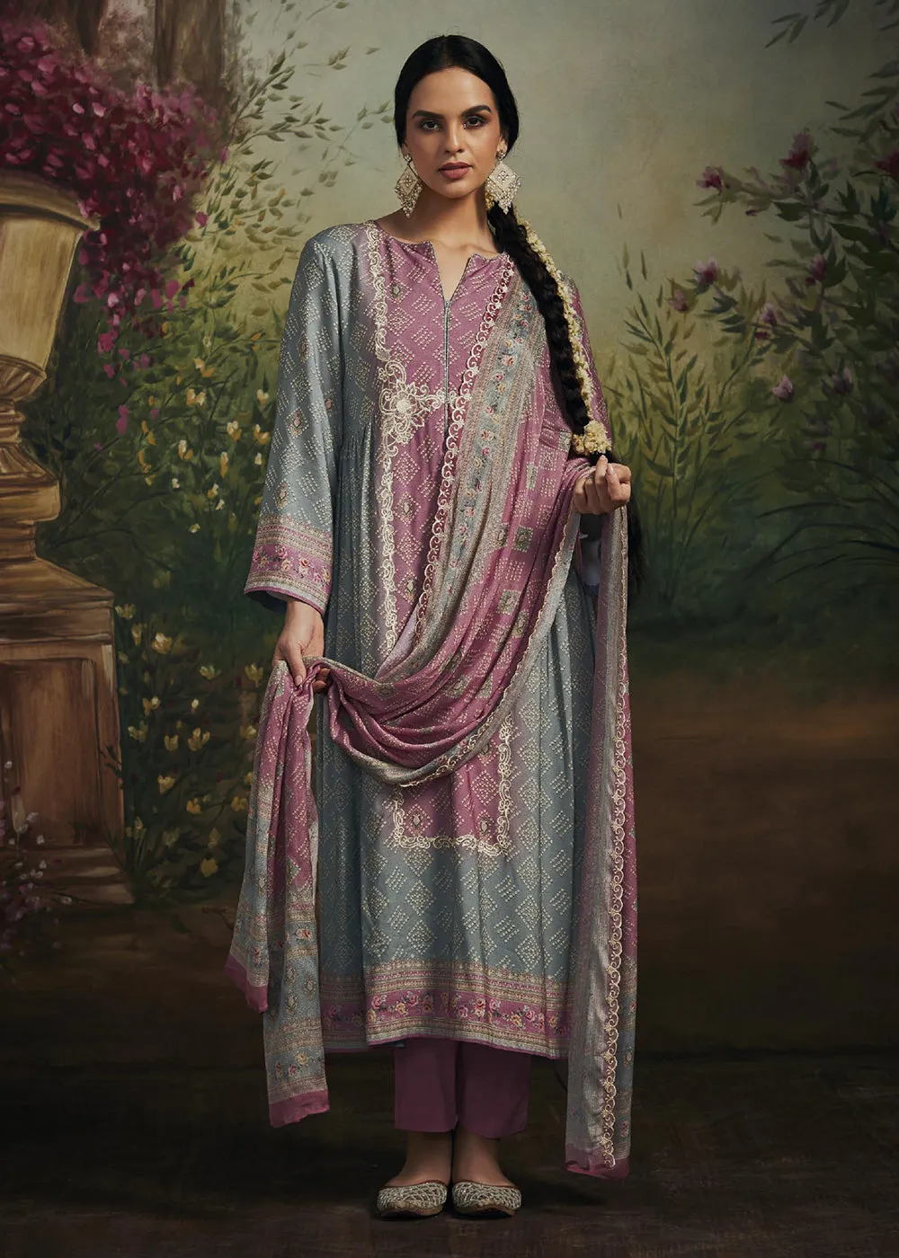 Pakistani Style Grey & Pink Digital Printed Salwar Suit