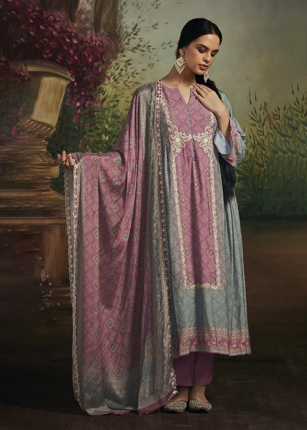 Pakistani Style Grey & Pink Digital Printed Salwar Suit