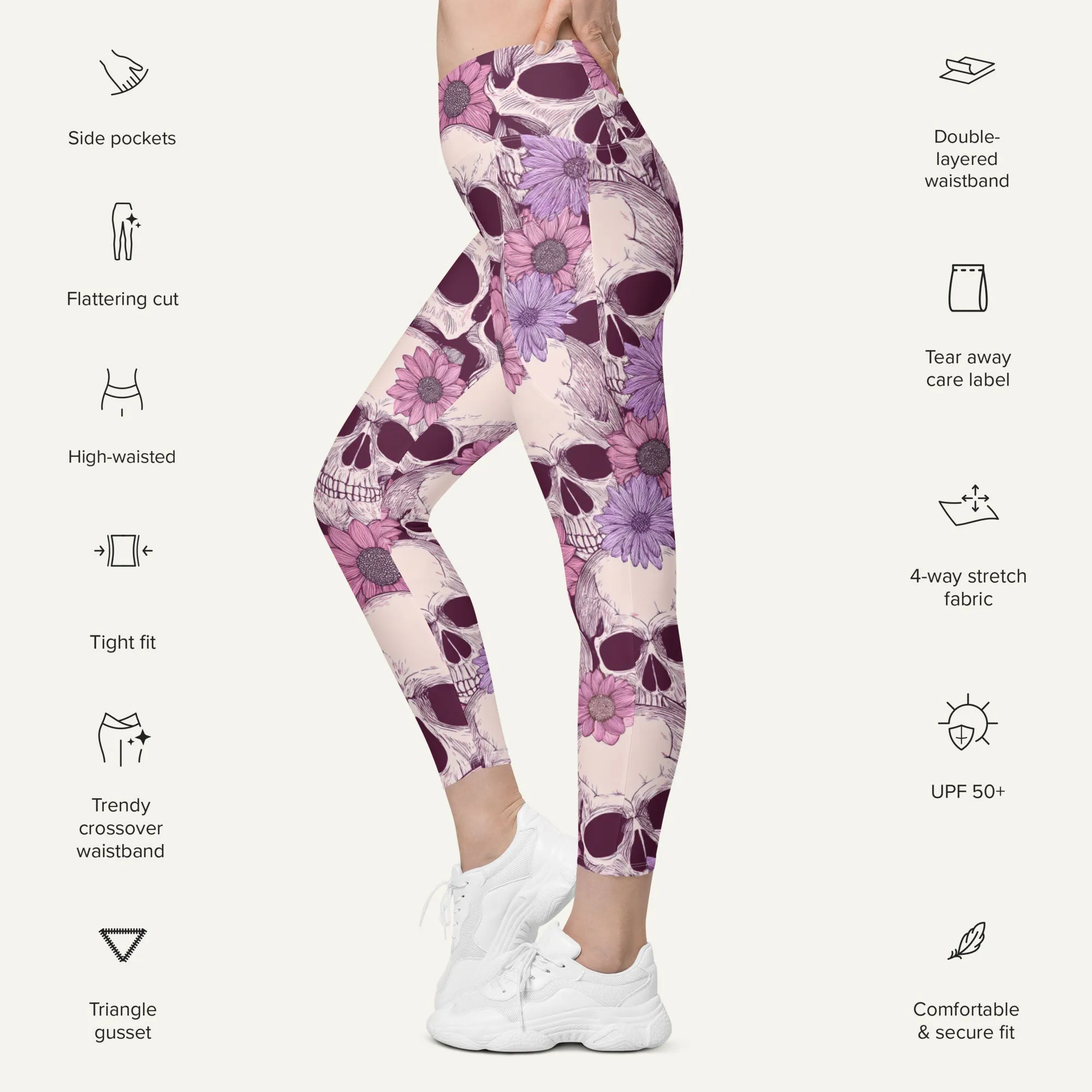Pastel Floral Skulls Crossover Leggings With Pockets