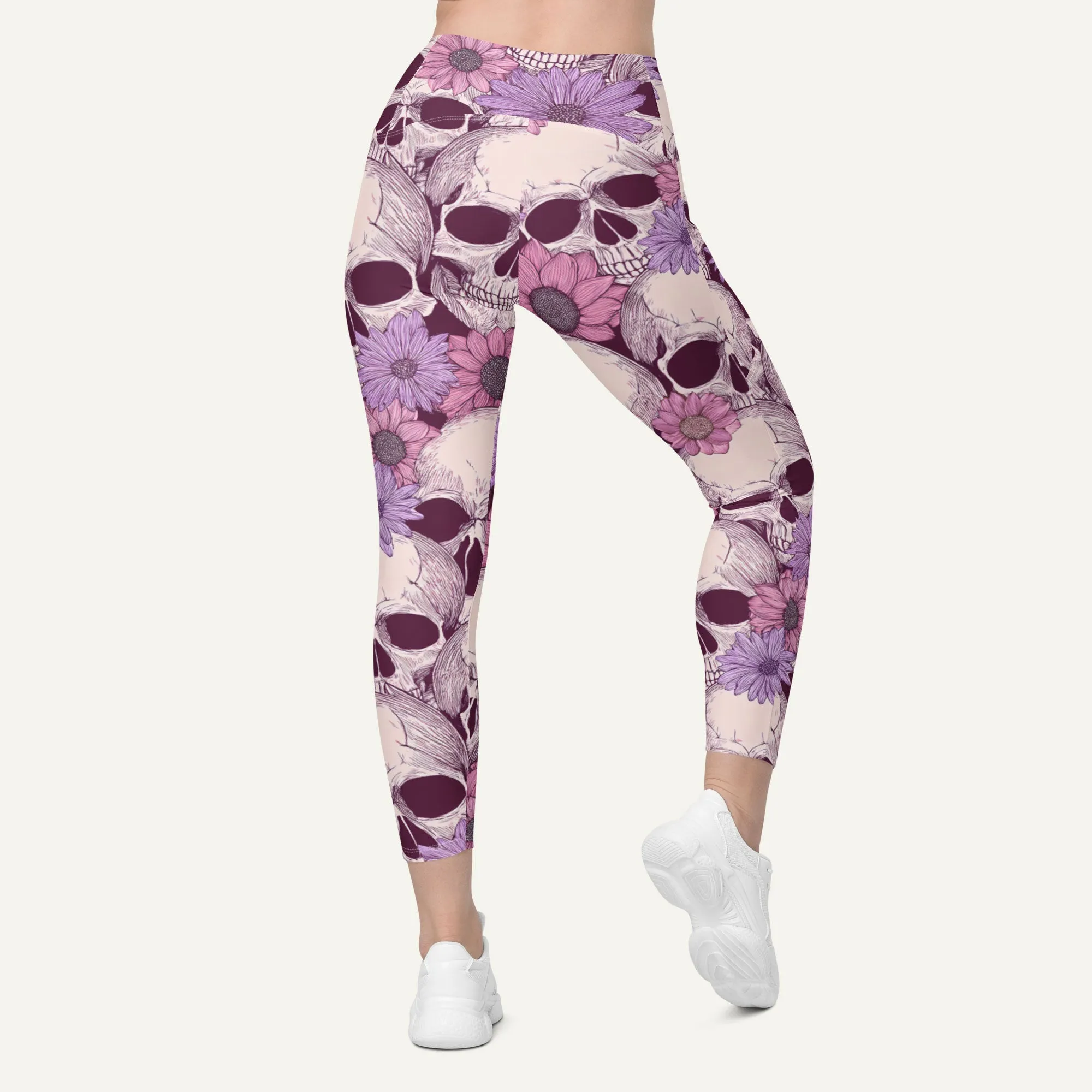 Pastel Floral Skulls Crossover Leggings With Pockets