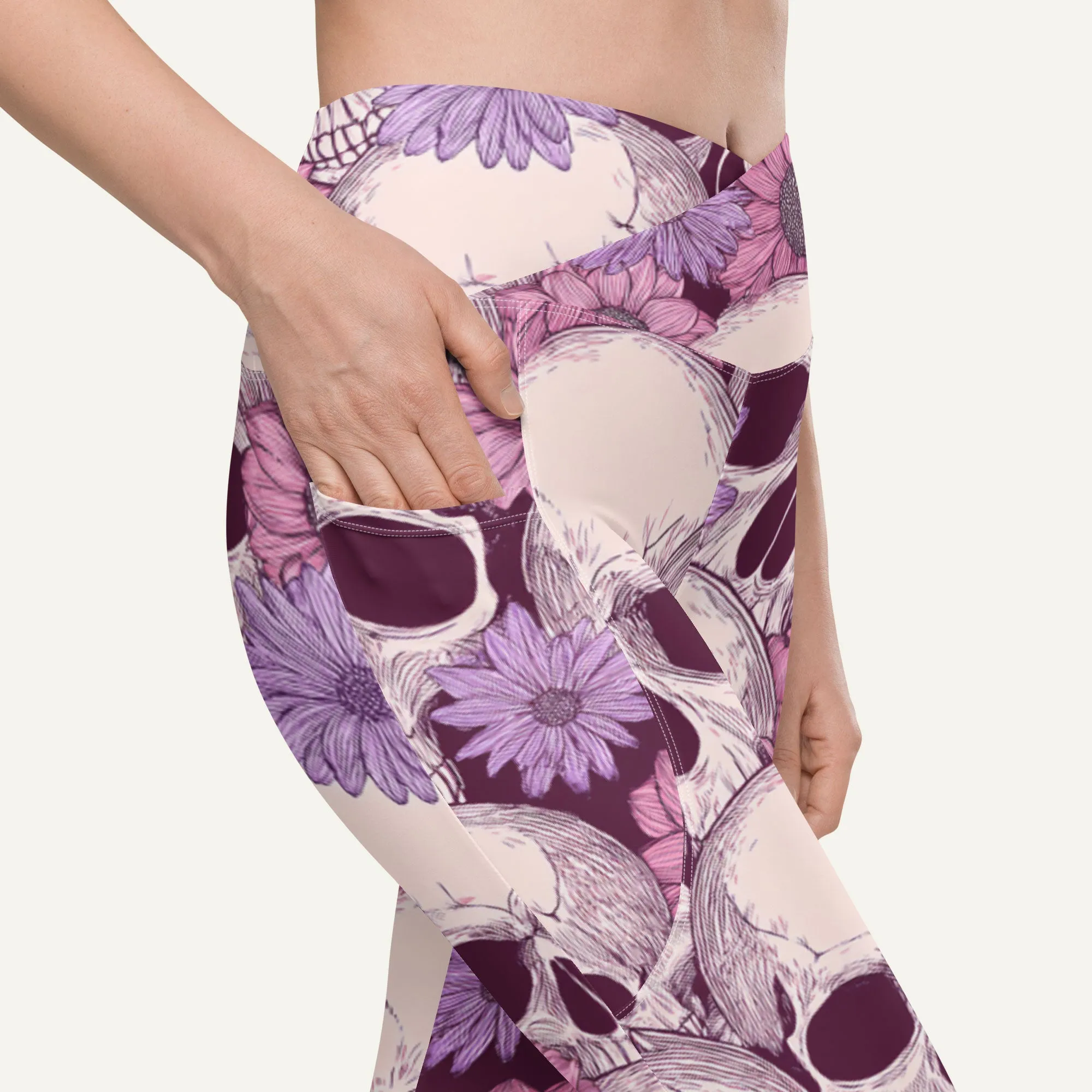 Pastel Floral Skulls Crossover Leggings With Pockets