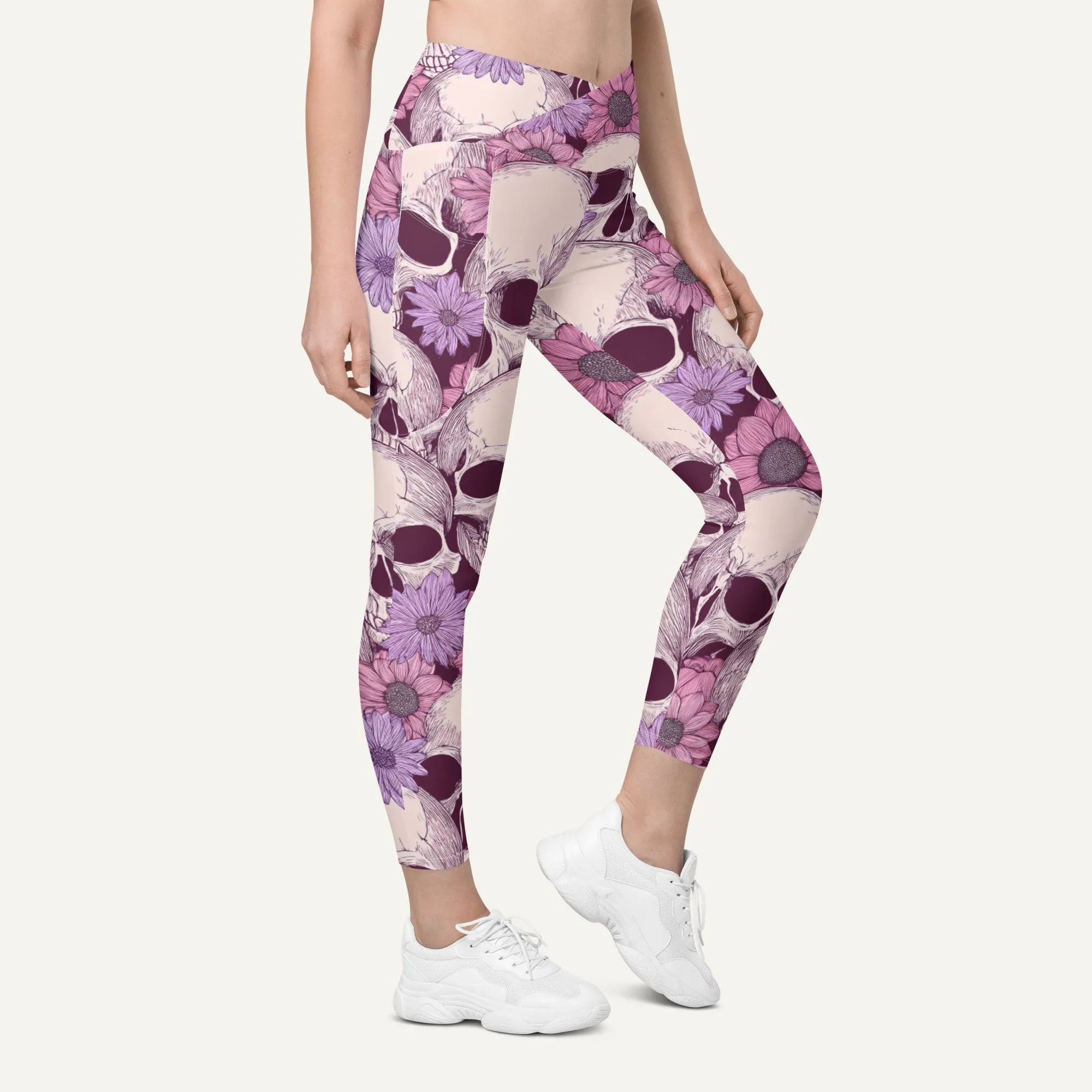 Pastel Floral Skulls Crossover Leggings With Pockets