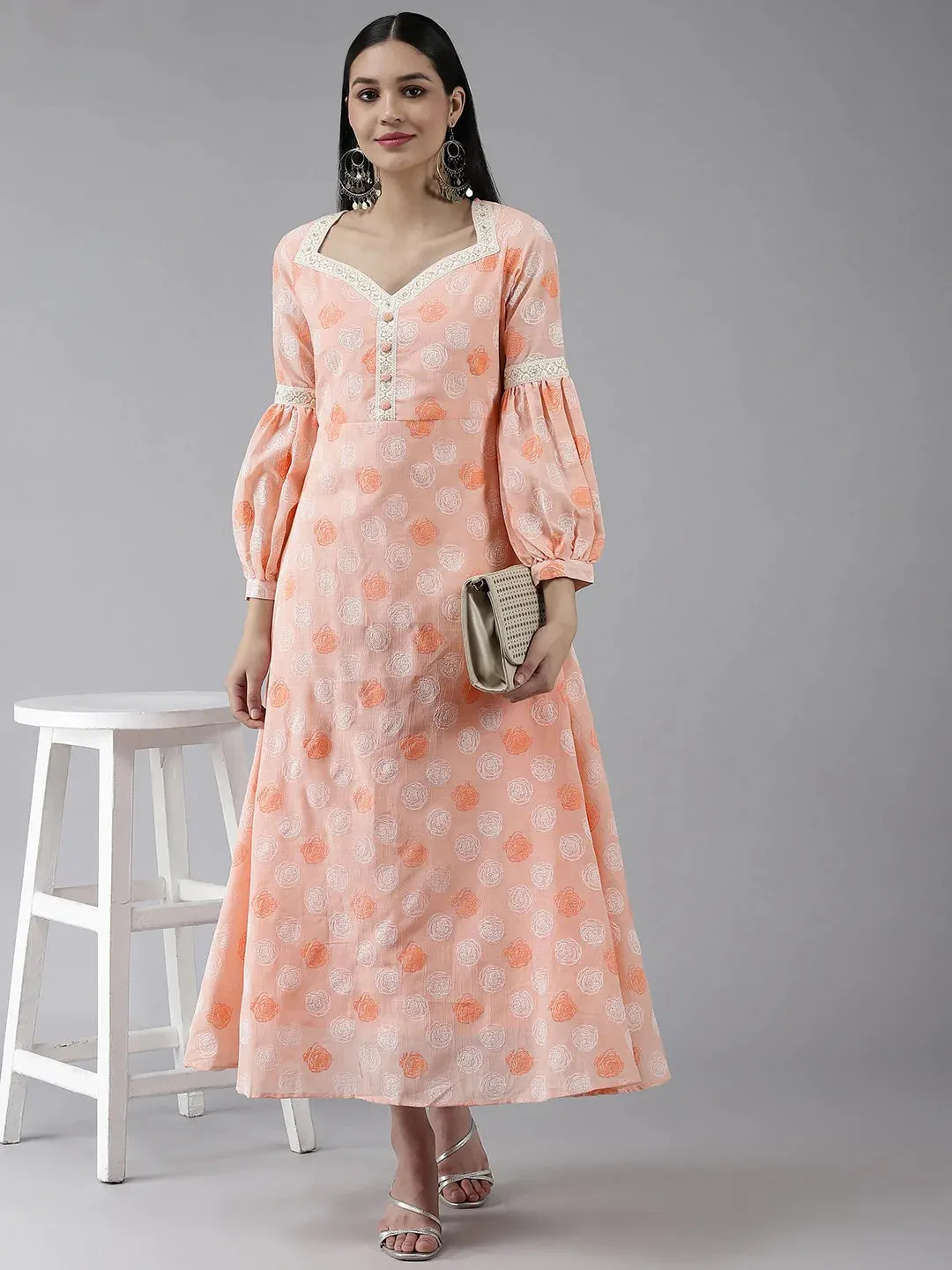 Peach Polyester Floral Print Maxi Style Dress