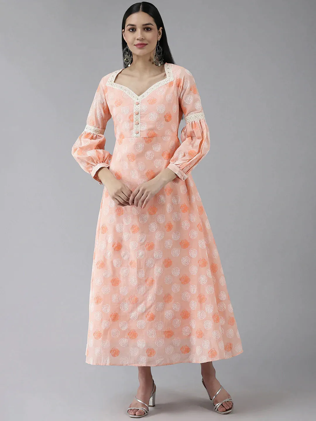 Peach Polyester Floral Print Maxi Style Dress