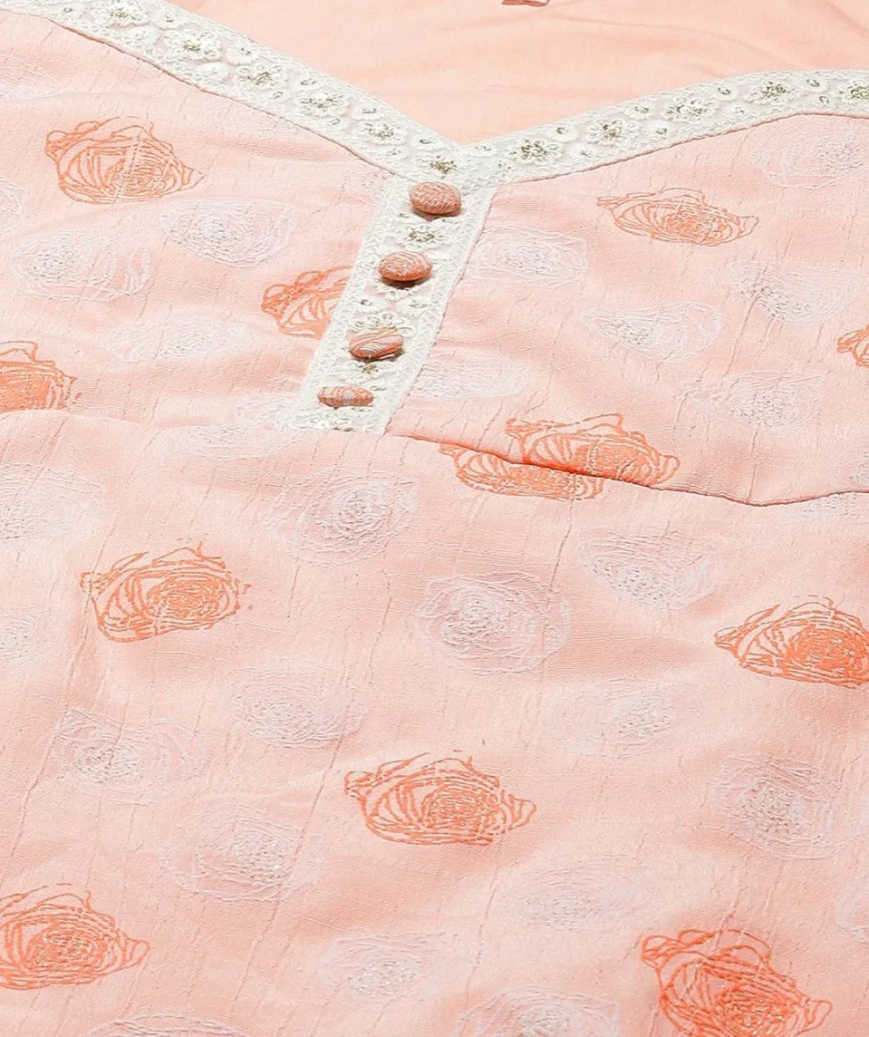 Peach Polyester Floral Print Maxi Style Dress