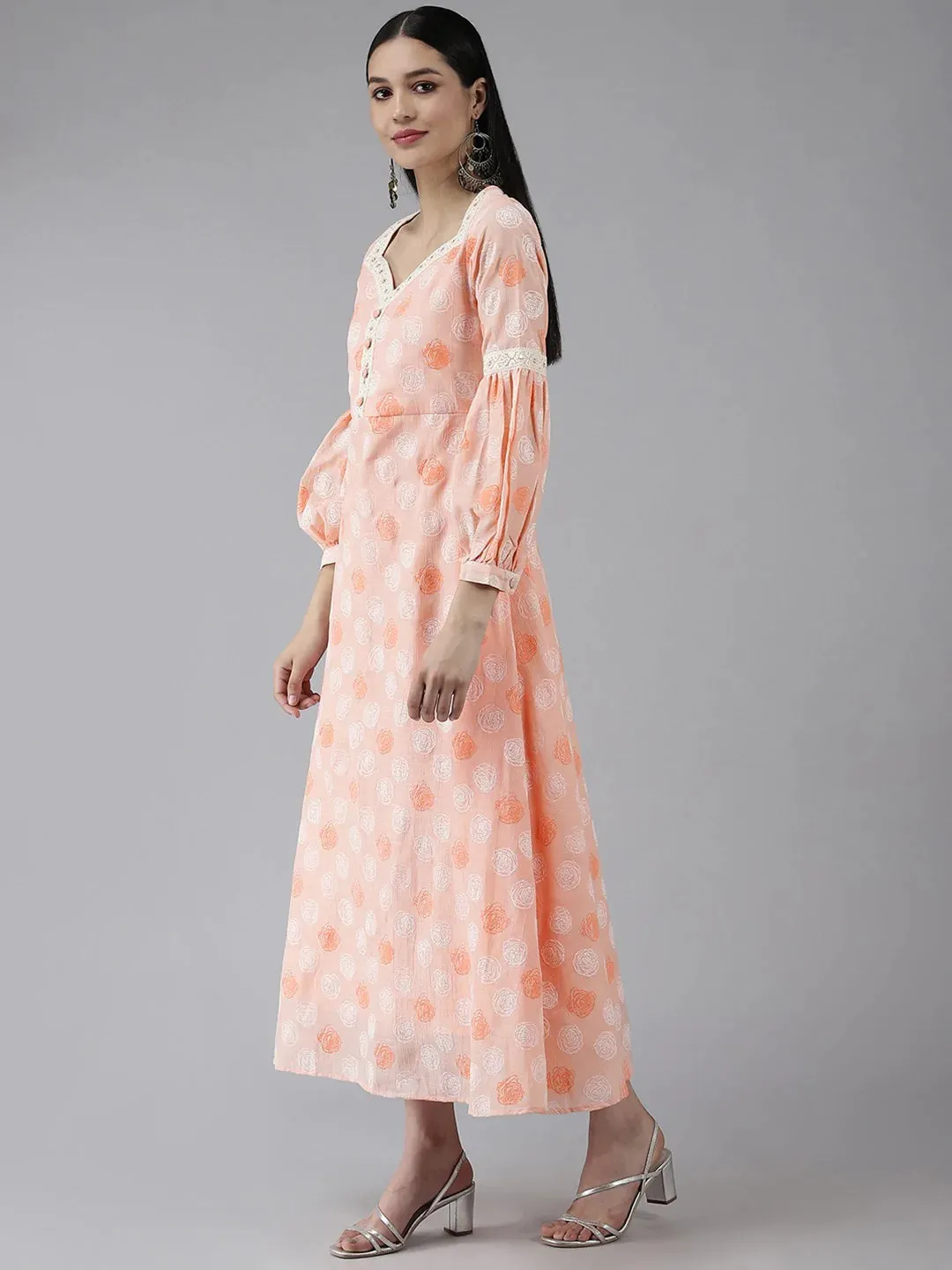 Peach Polyester Floral Print Maxi Style Dress