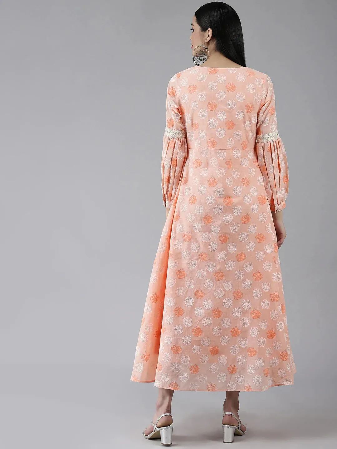 Peach Polyester Floral Print Maxi Style Dress
