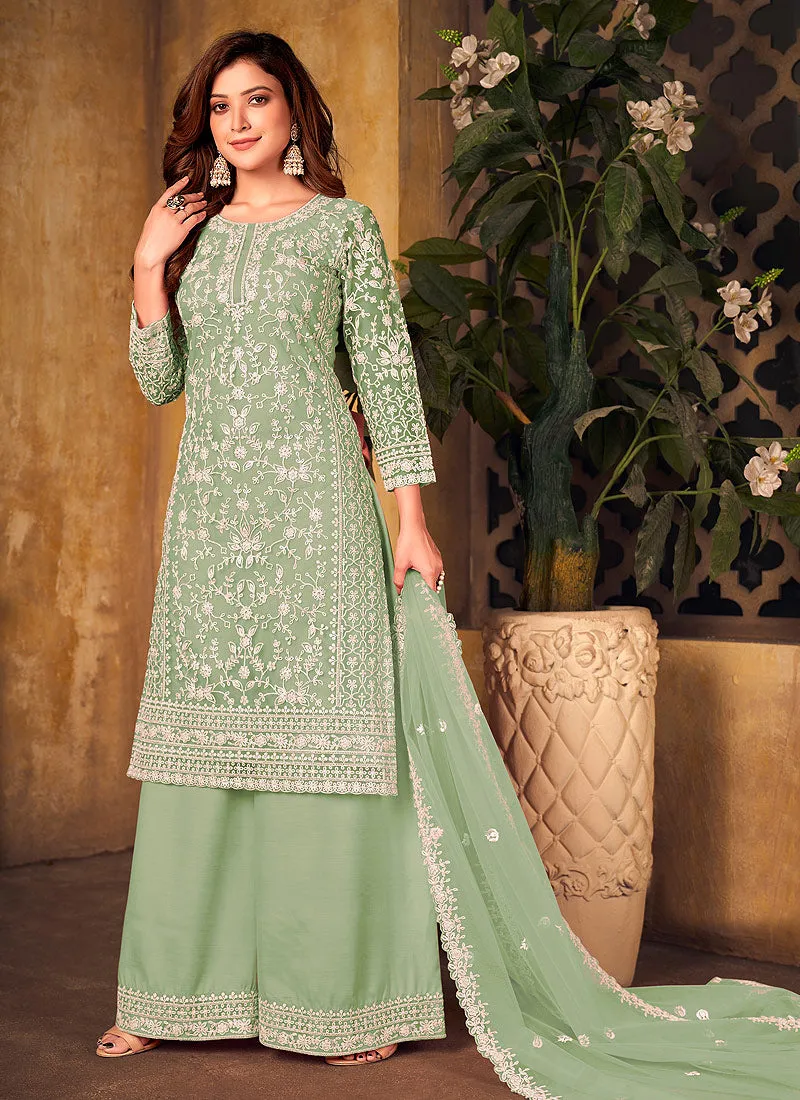 Pista Green Embroidered Palazzo Suit