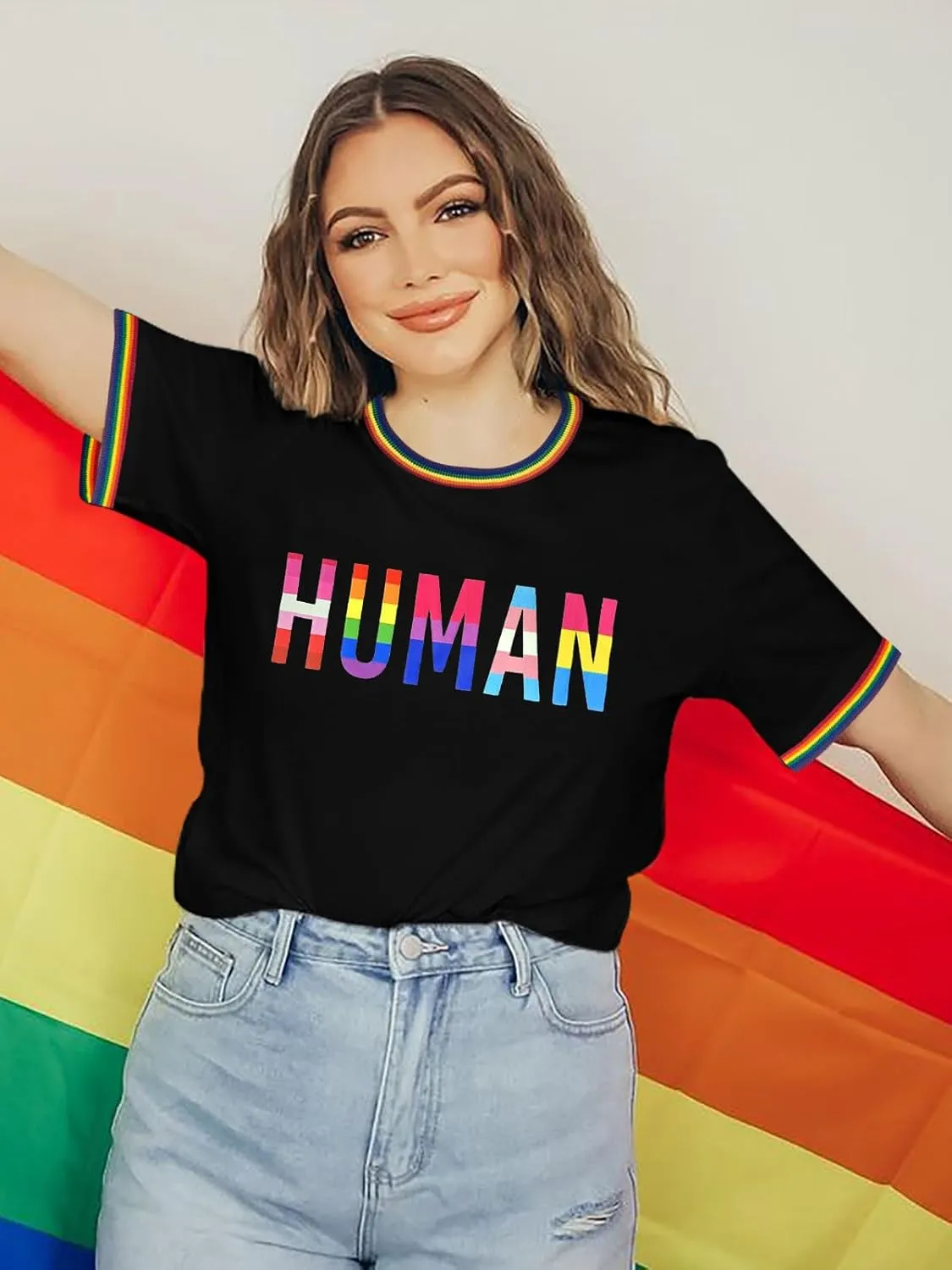 Pride Shirts for Women Pride Month Rainbow Graphic T-Shirt LGBTQ Support Red Ringer Tee
