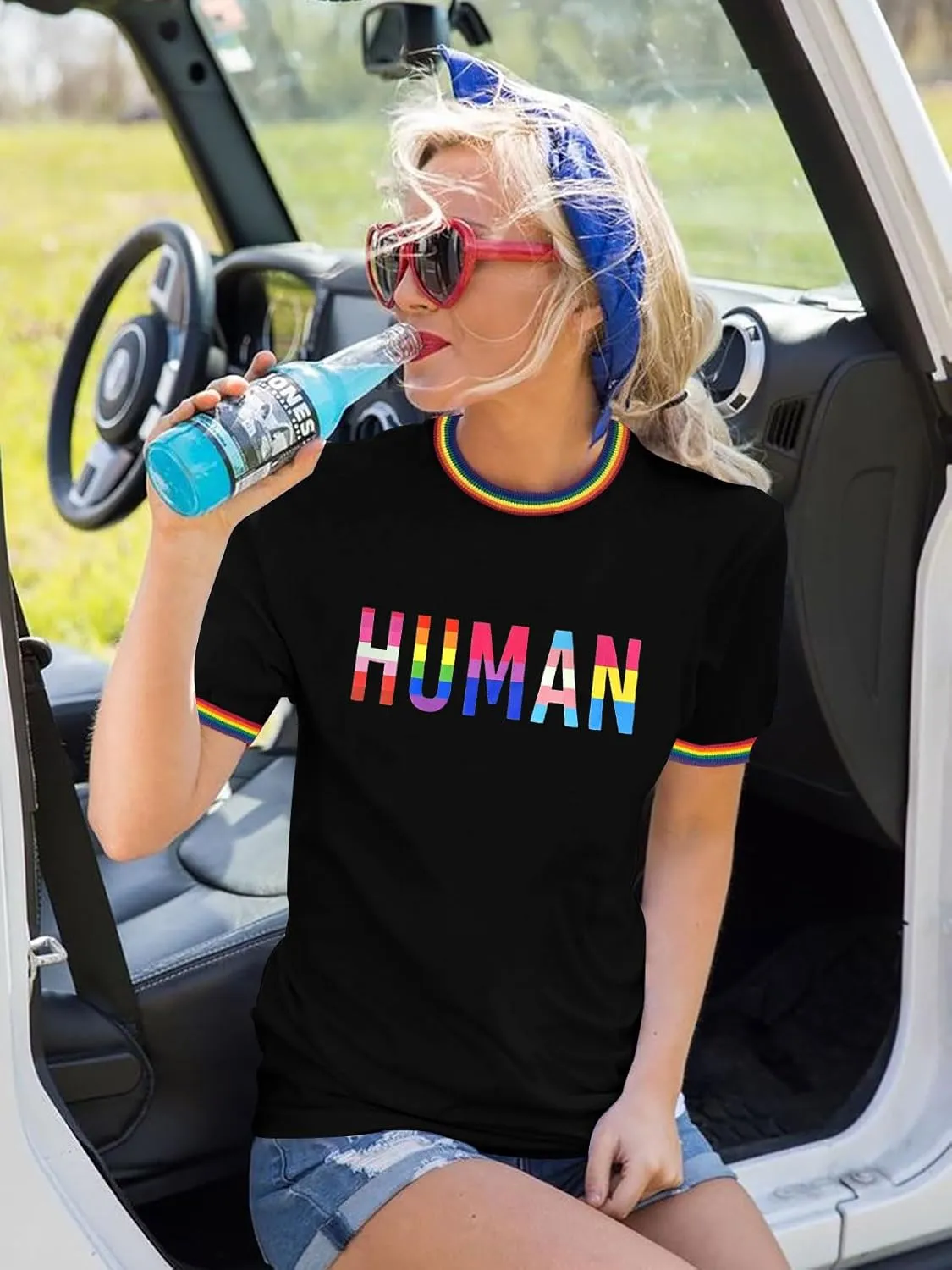 Pride Shirts for Women Pride Month Rainbow Graphic T-Shirt LGBTQ Support Red Ringer Tee