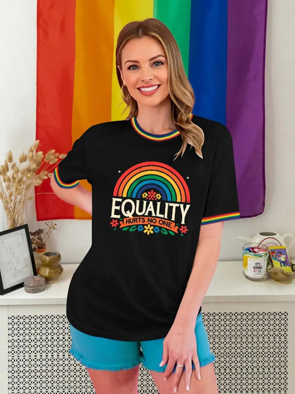 Pride Shirts for Women Pride Month Rainbow Graphic T-Shirt LGBTQ Support Red Ringer Tee