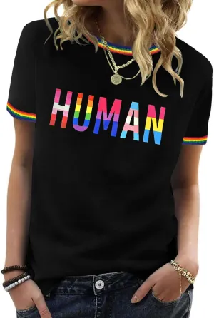 Pride Shirts for Women Pride Month Rainbow Graphic T-Shirt LGBTQ Support Red Ringer Tee
