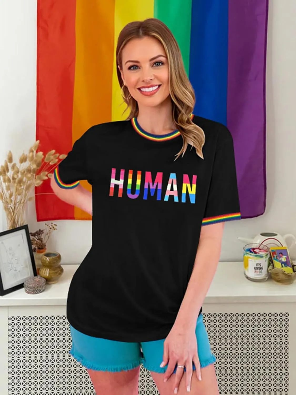 Pride Shirts for Women Pride Month Rainbow Graphic T-Shirt LGBTQ Support Red Ringer Tee