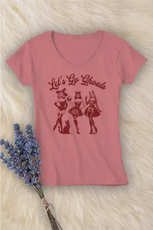 "Let's Go Ghouls" Halloween V-Neck T-Shirt - Dusty Rose